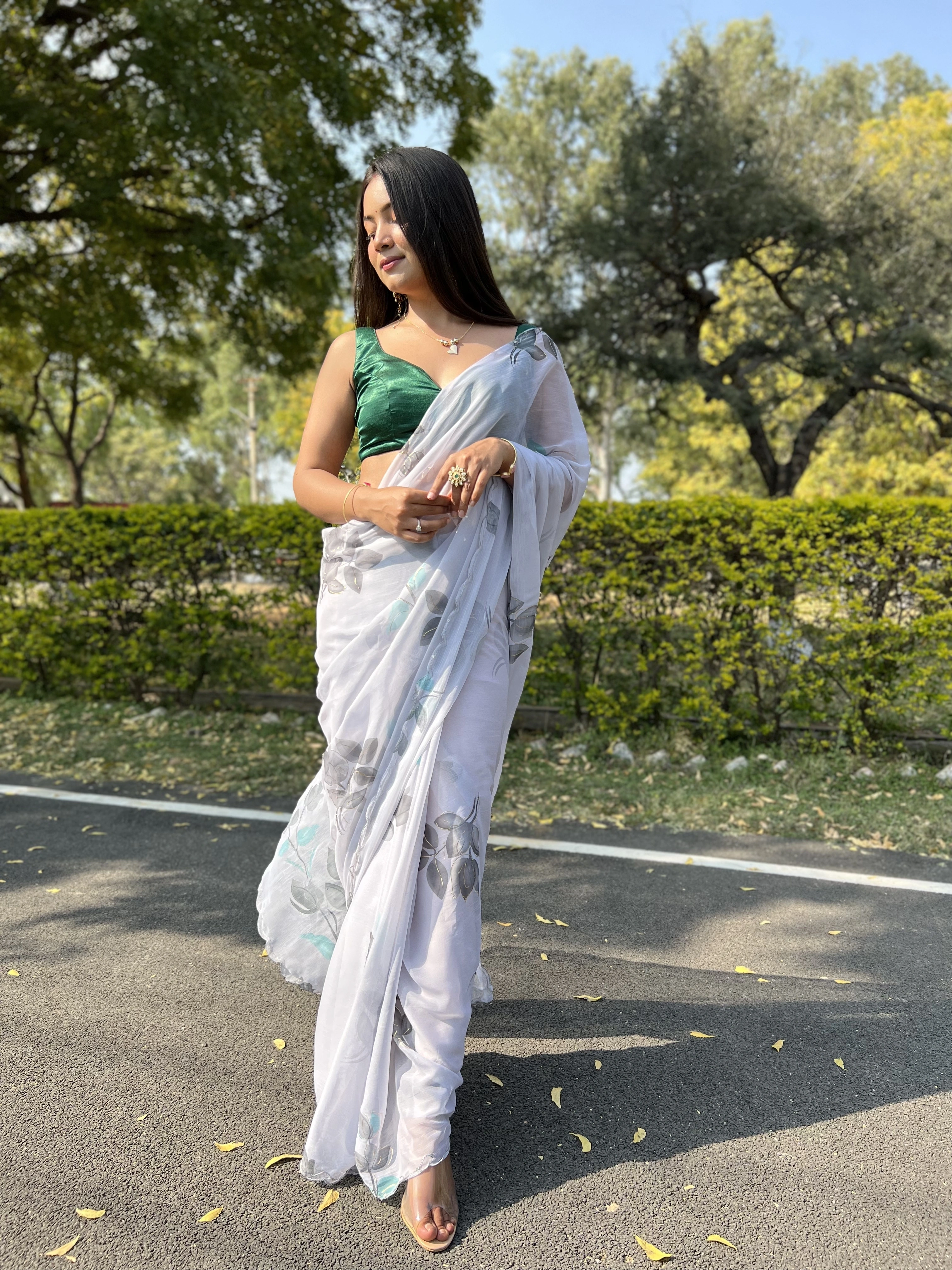 Green Foil-Print Chiffon Saree with Satin Blouse-Levender-2