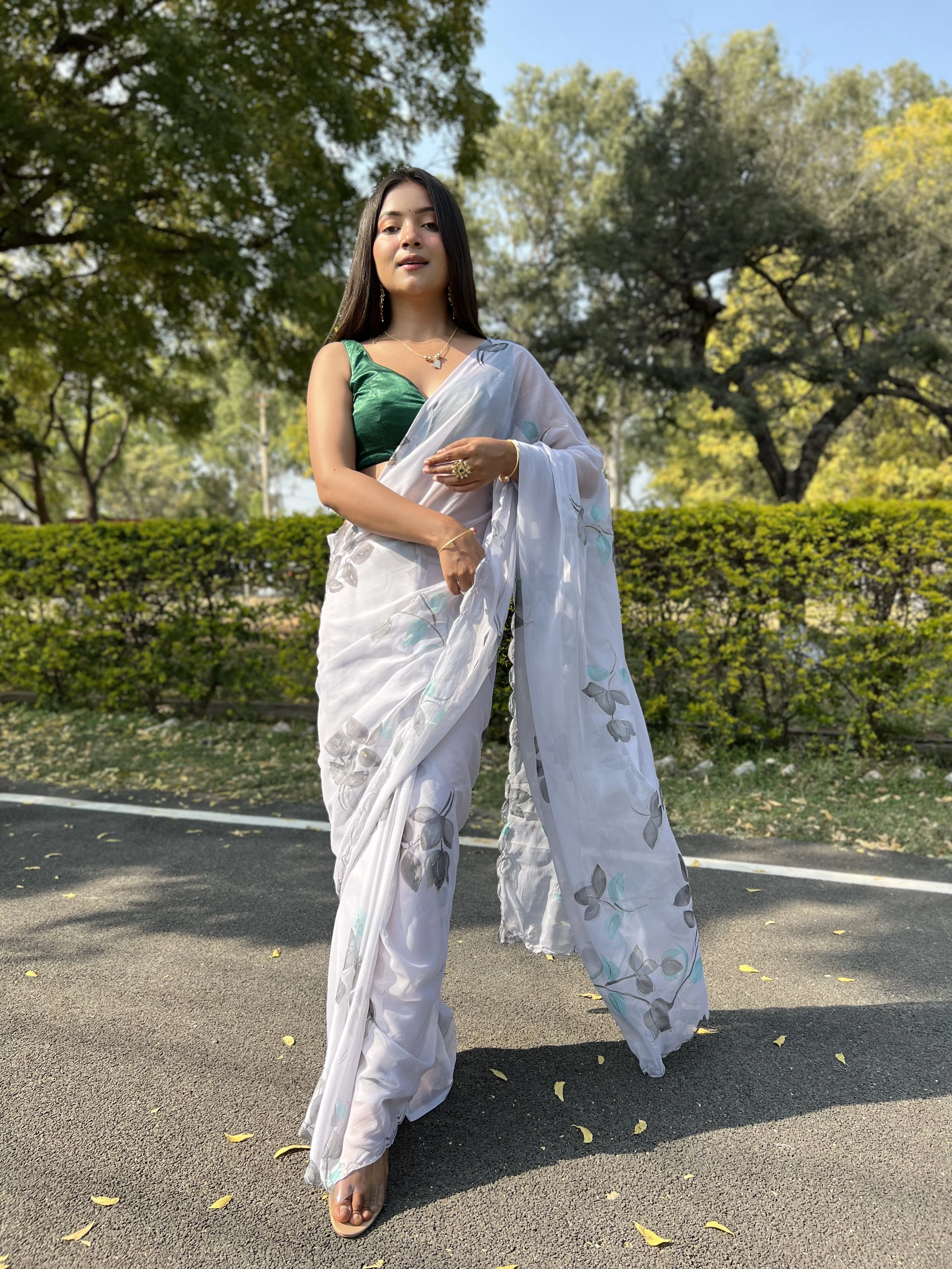 Green Foil-Print Chiffon Saree with Satin Blouse-Levender-3