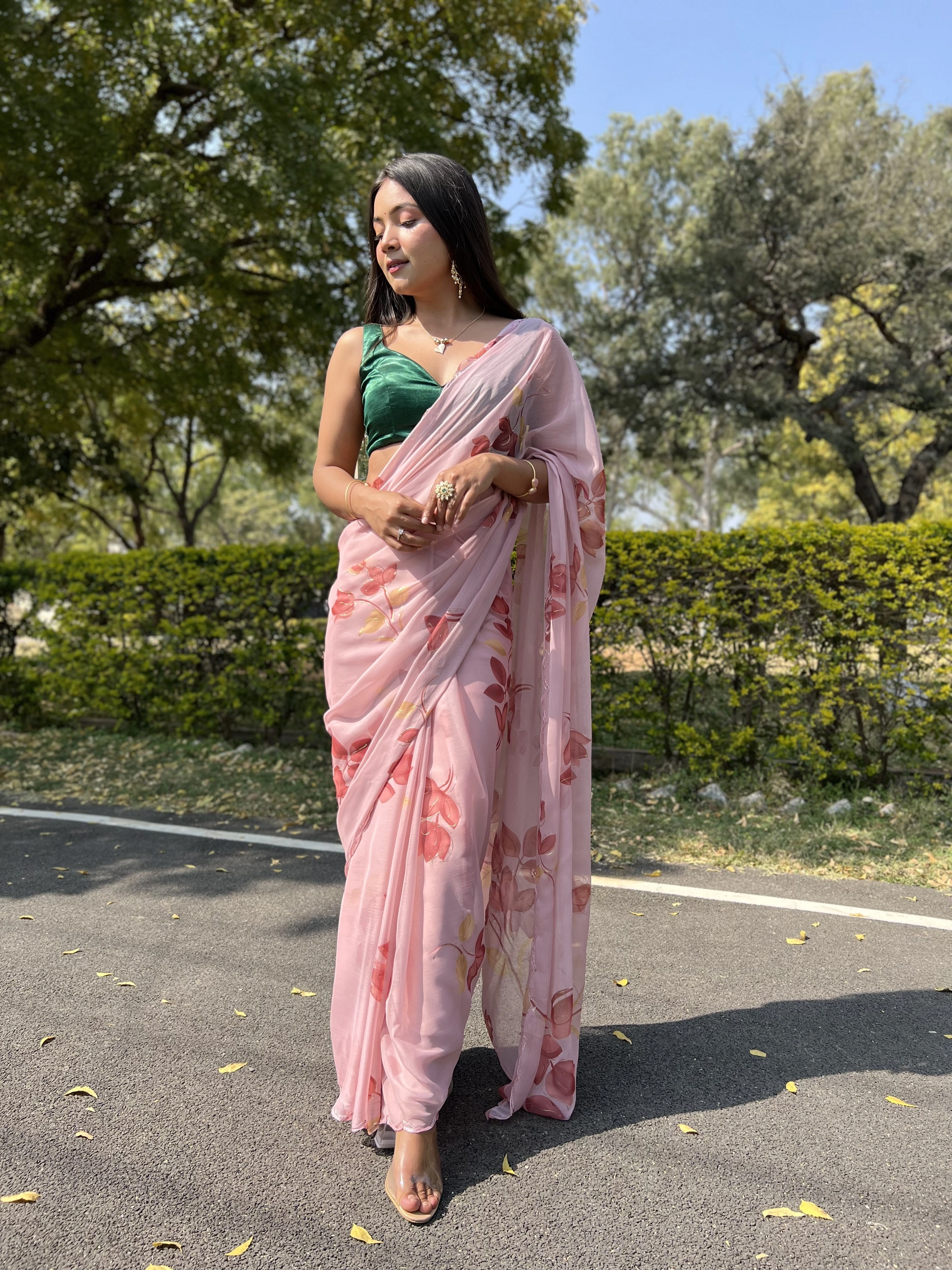 Green Foil-Print Chiffon Saree with Satin Blouse-RVSGCHIFFONFOIL-Pink