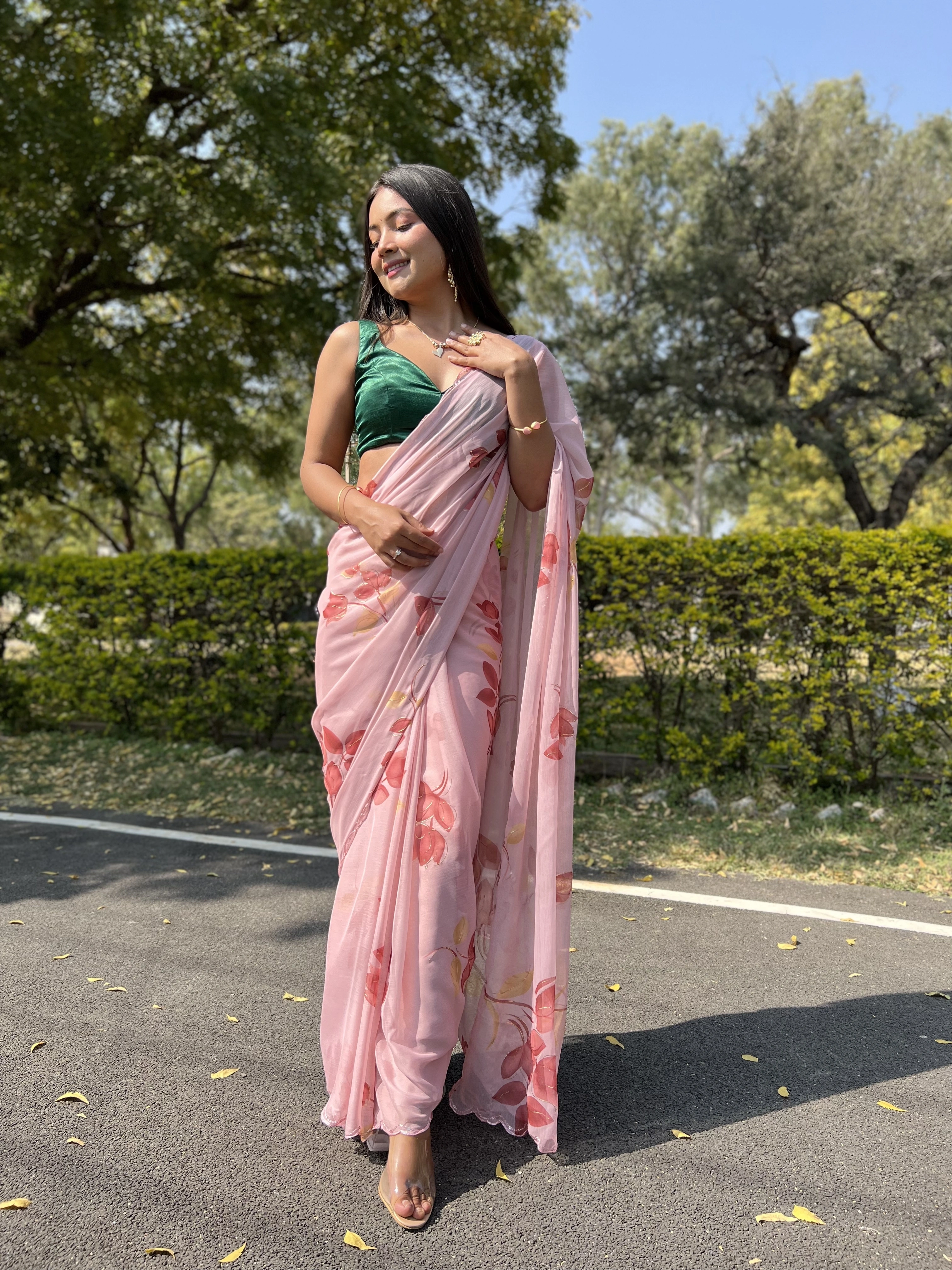 Green Foil-Print Chiffon Saree with Satin Blouse-Pink-1