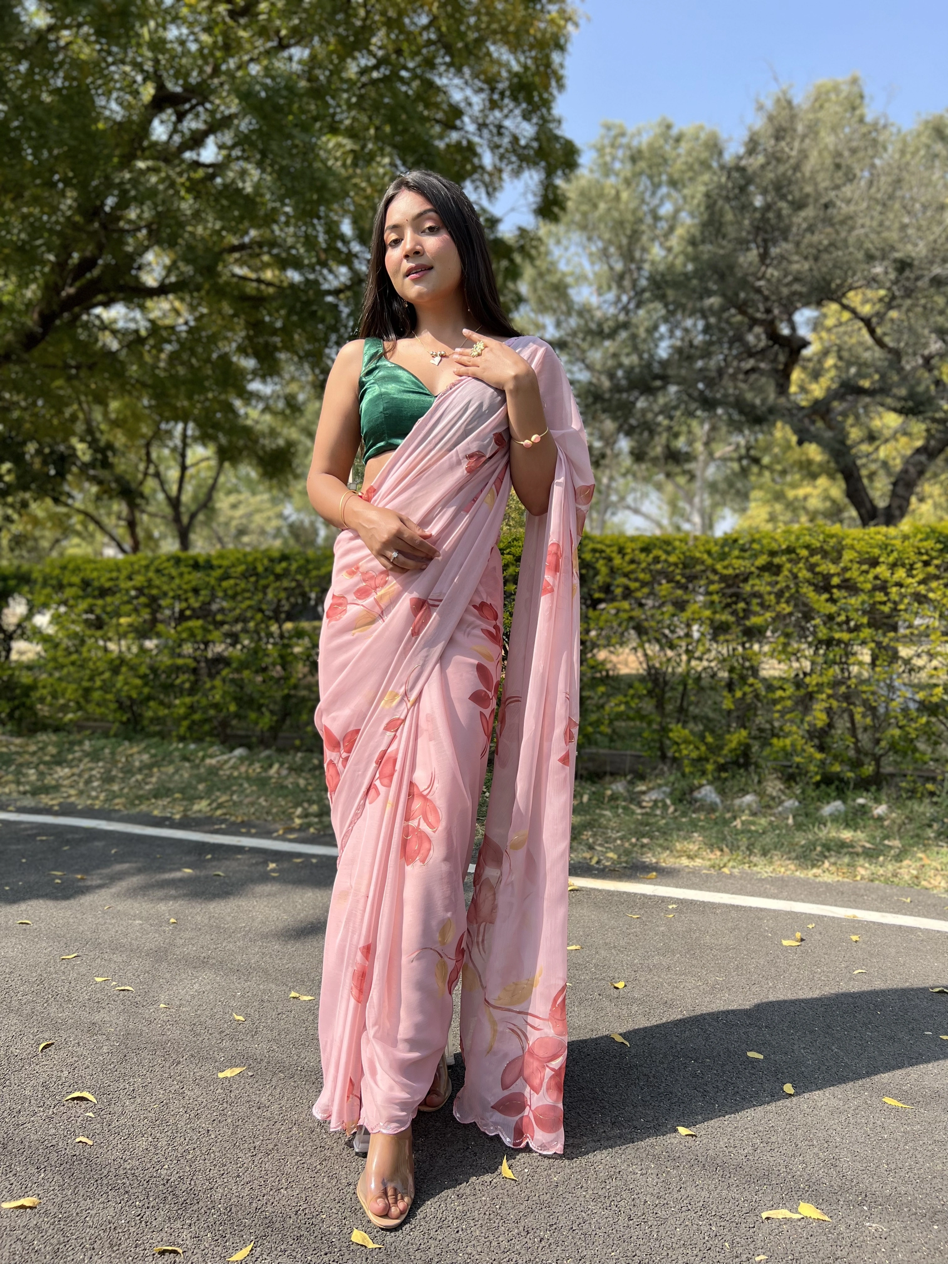 Green Foil-Print Chiffon Saree with Satin Blouse-Pink-2