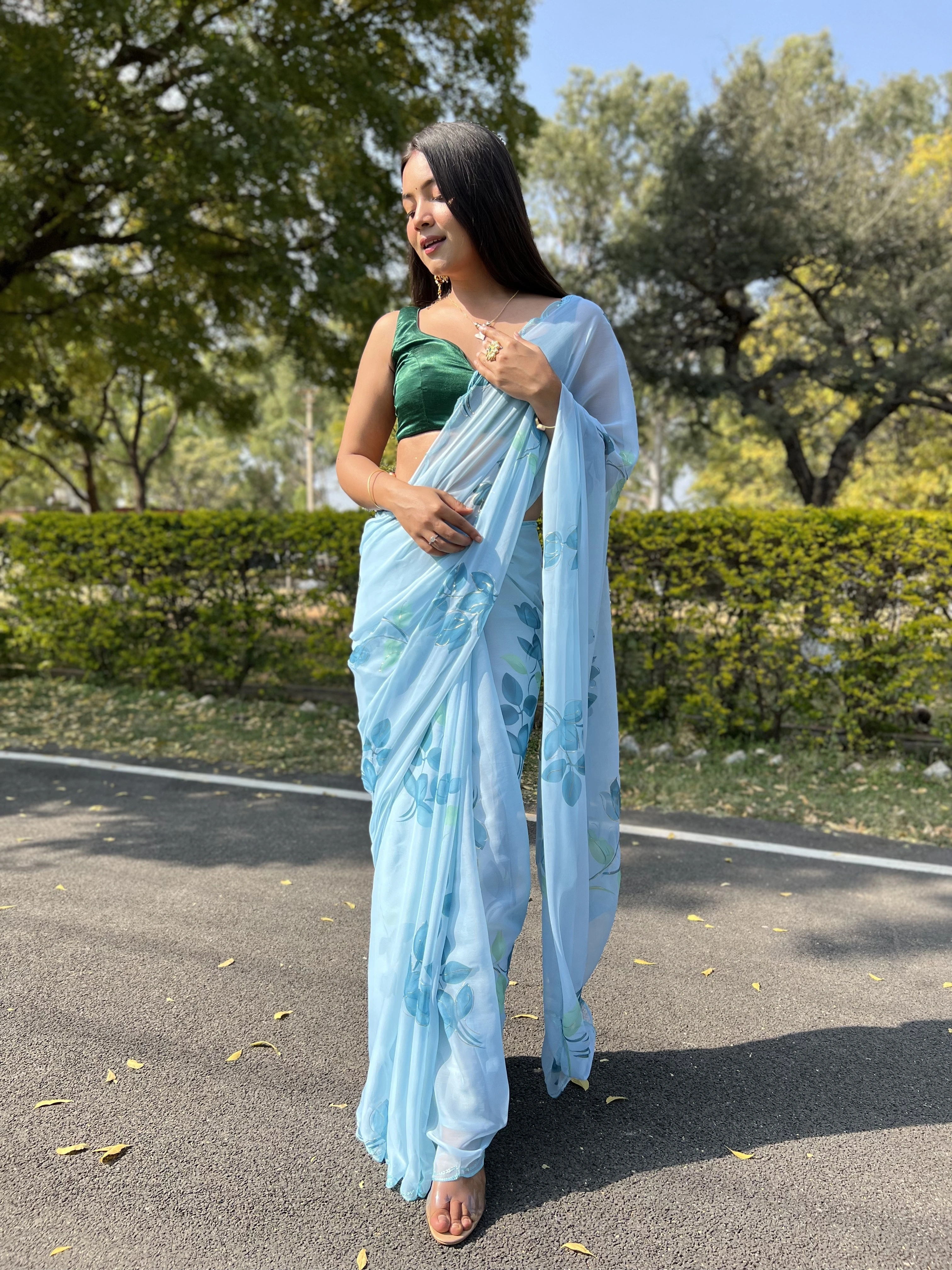 Green Foil-Print Chiffon Saree with Satin Blouse-RVSGCHIFFONFOIL-SkyBlue