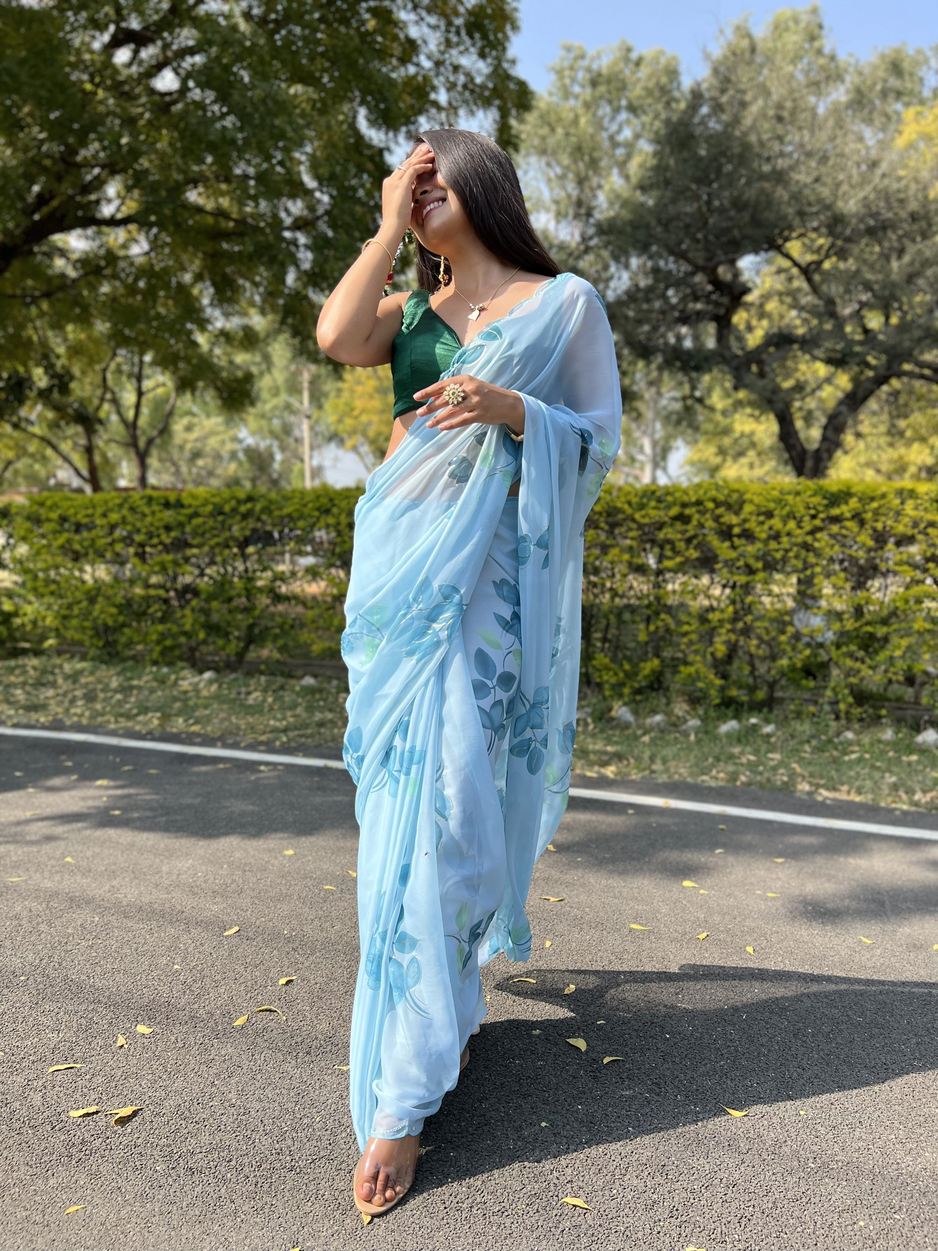 Green Foil-Print Chiffon Saree with Satin Blouse-Sky Blue-1