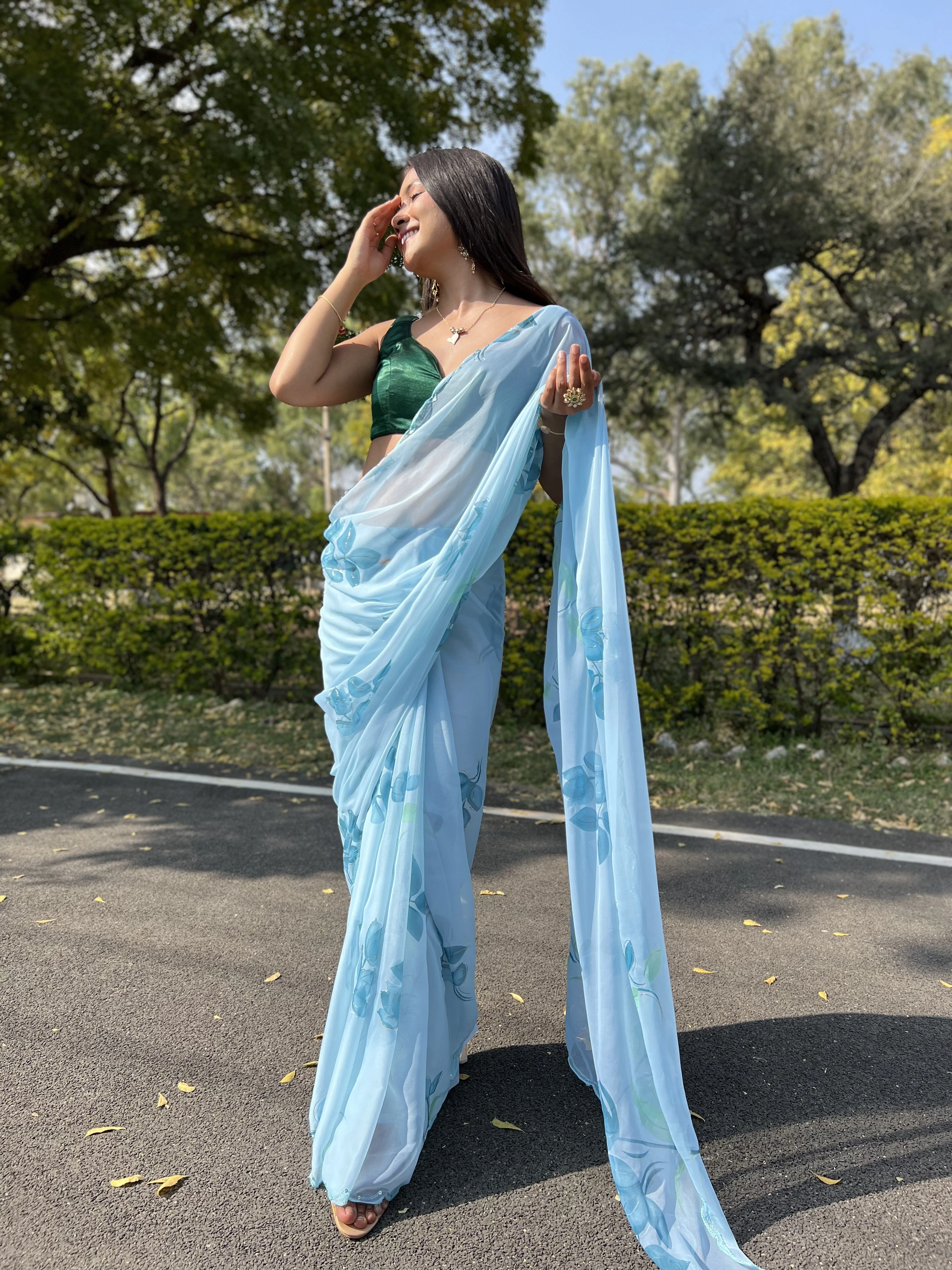 Green Foil-Print Chiffon Saree with Satin Blouse-Sky Blue-2