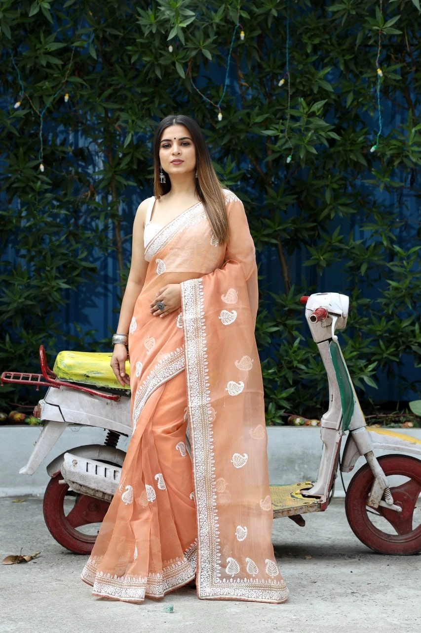 Organza Saree with Piping Border and Embroidery - Satin Blouse Included-RVSG-COTTONKERRY-Peach