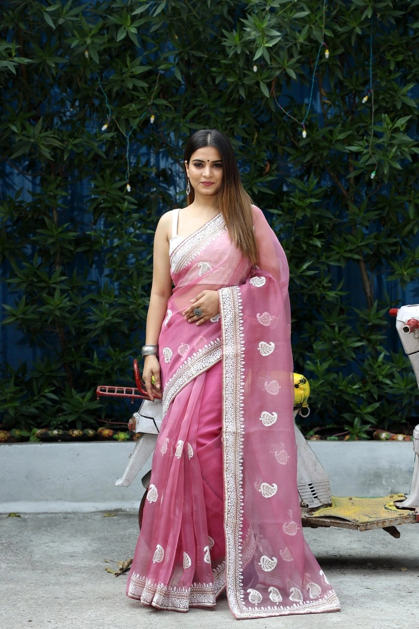 Organza Saree with Piping Border and Embroidery - Satin Blouse Included-RVSG-COTTONKERRY-Pink