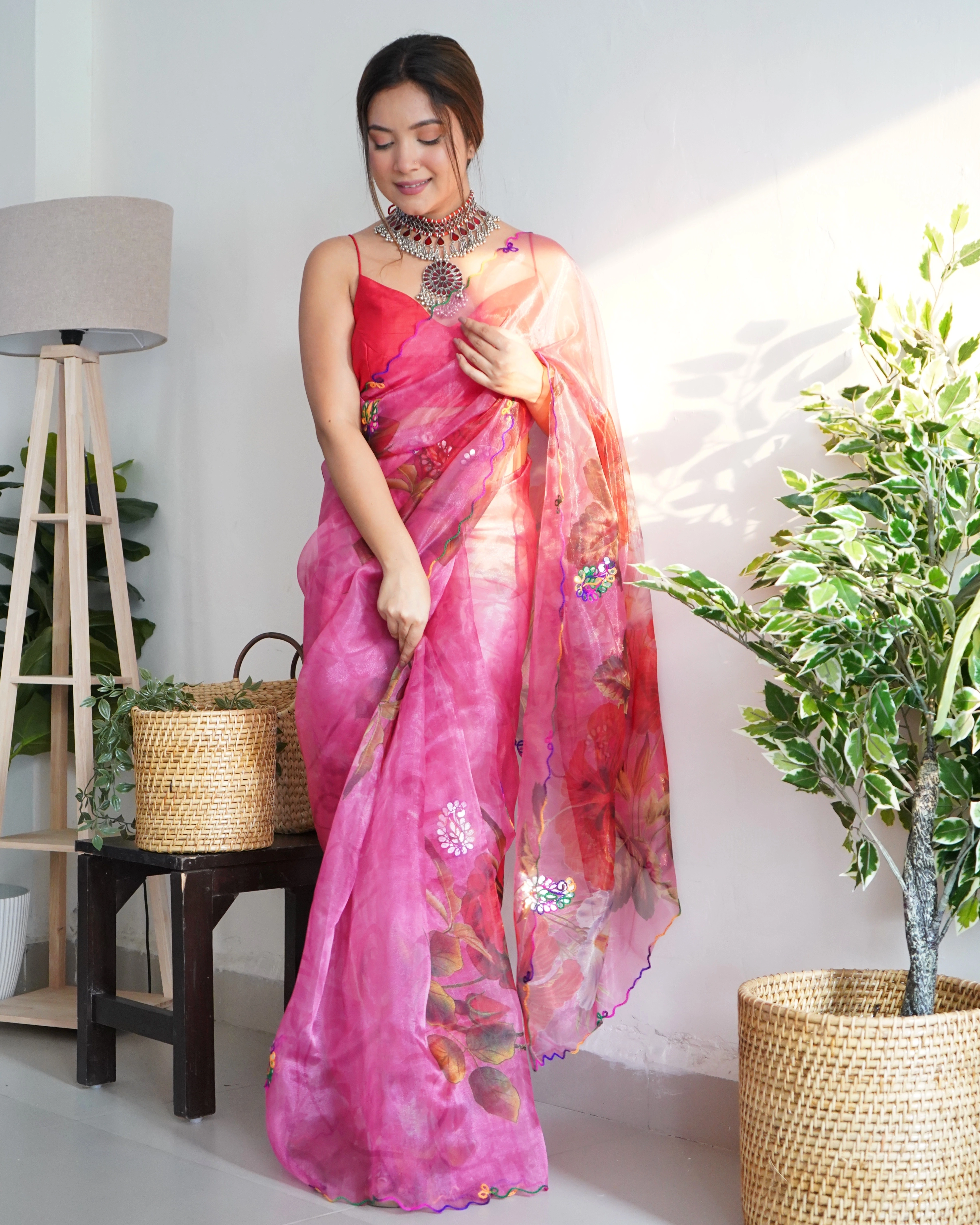 Organza Saree with Intricate Gota Patti and Cut Work-Dark Pink-1