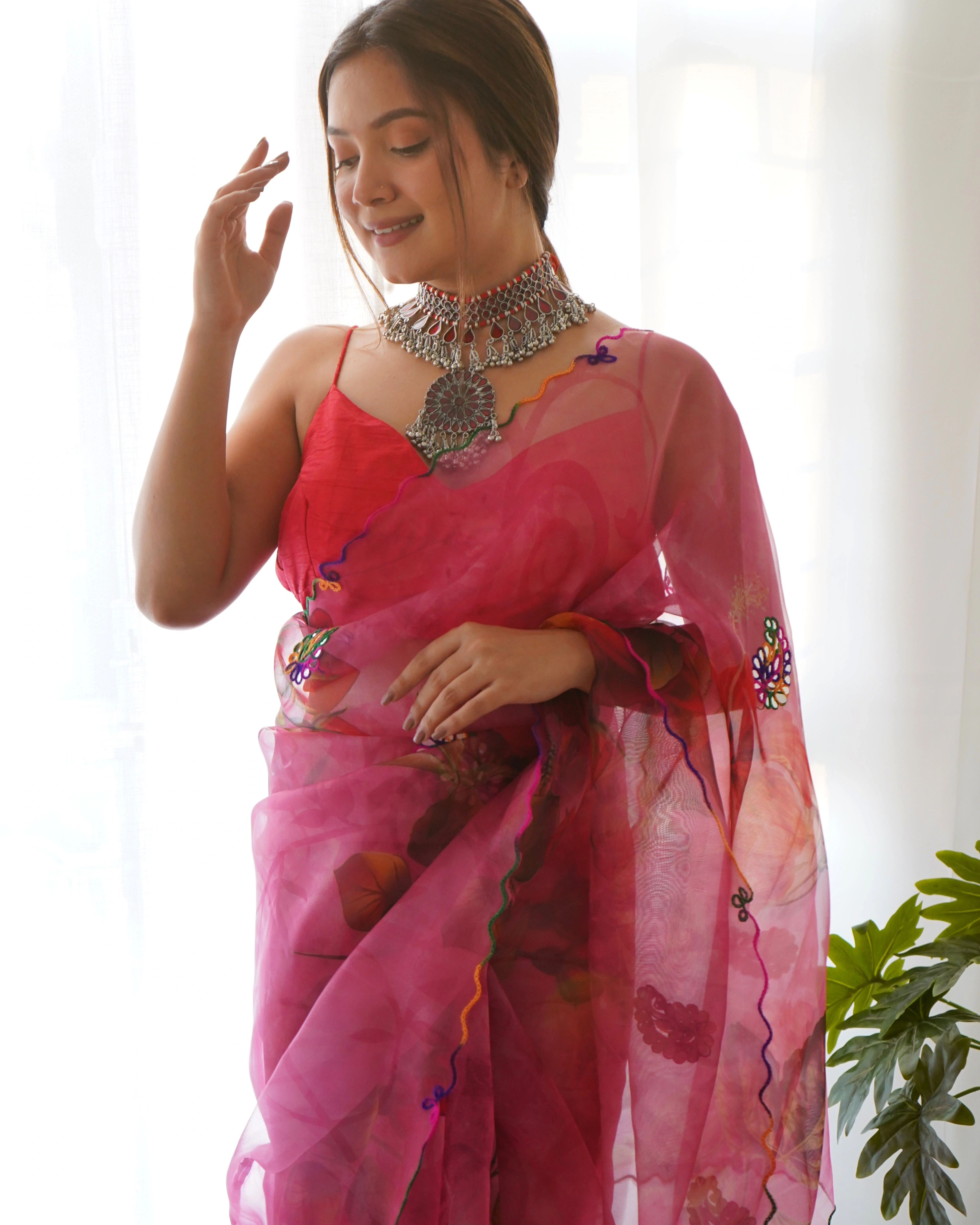 Organza Saree with Intricate Gota Patti and Cut Work-Dark Pink-2