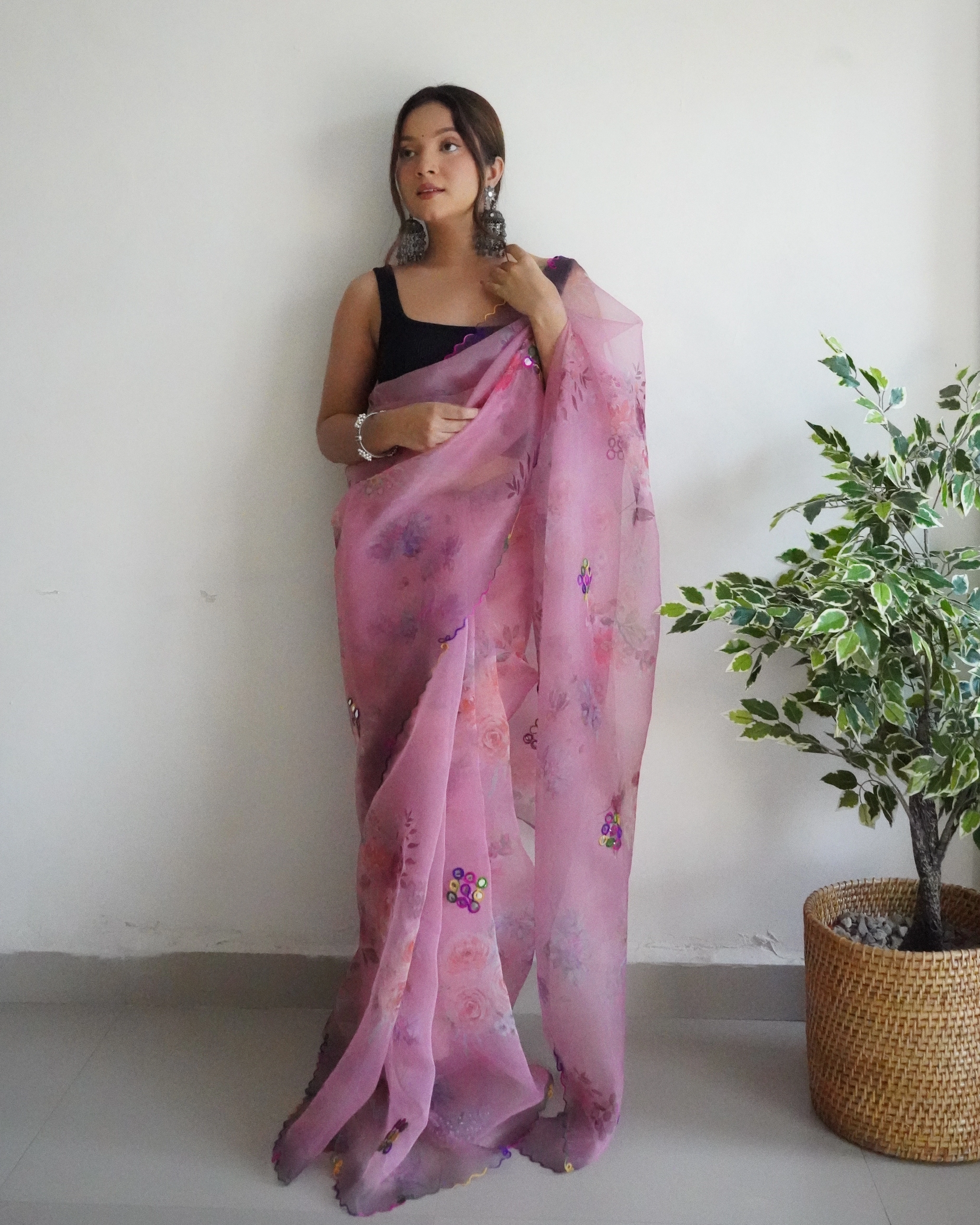 Organza Saree with Intricate Gota Patti and Cut Work-Light Pink-2