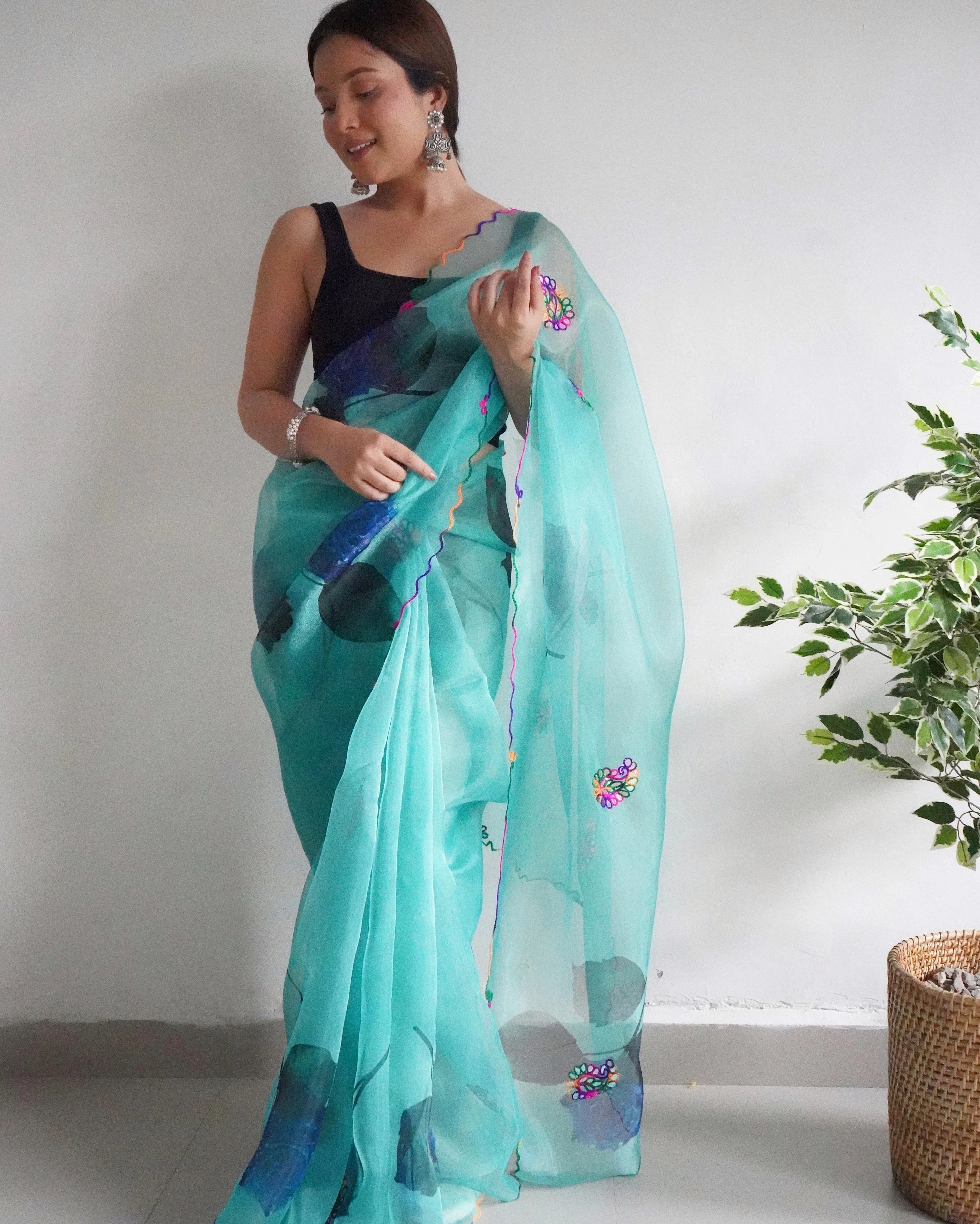 Organza Saree with Intricate Gota Patti and Cut Work-Sky Blue-1