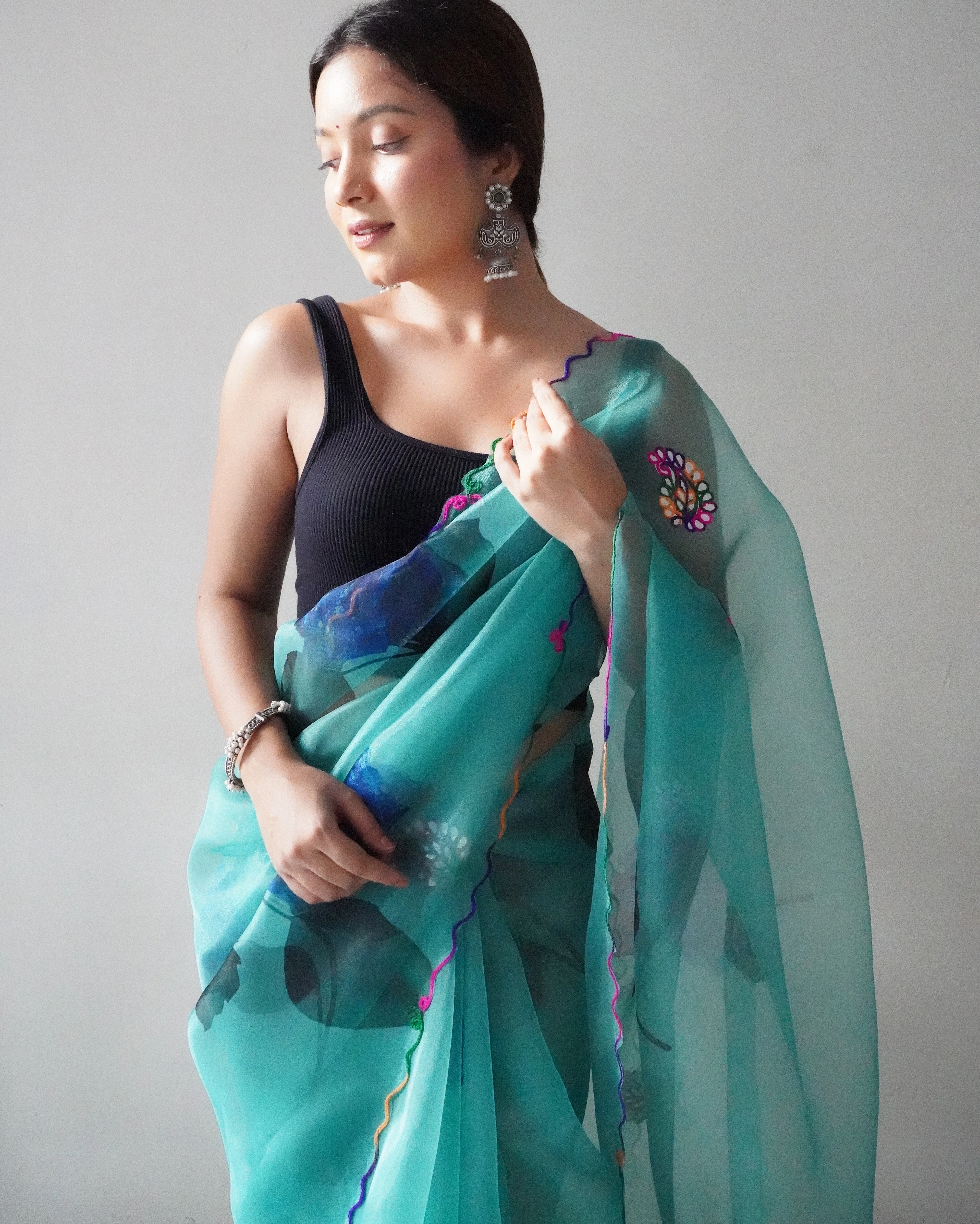 Organza Saree with Intricate Gota Patti and Cut Work-Sky Blue-2