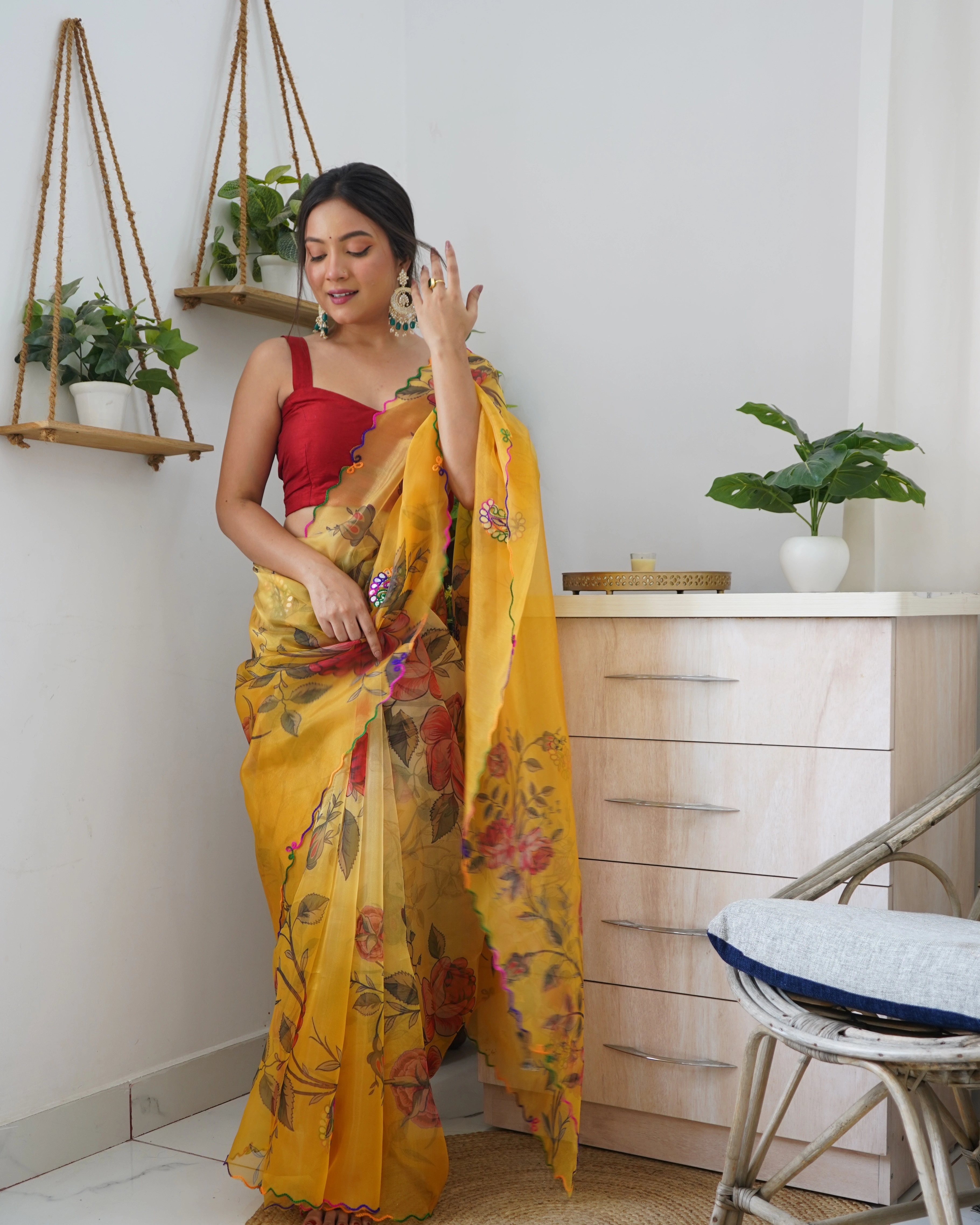 Organza Saree with Intricate Gota Patti and Cut Work-Yellow-1