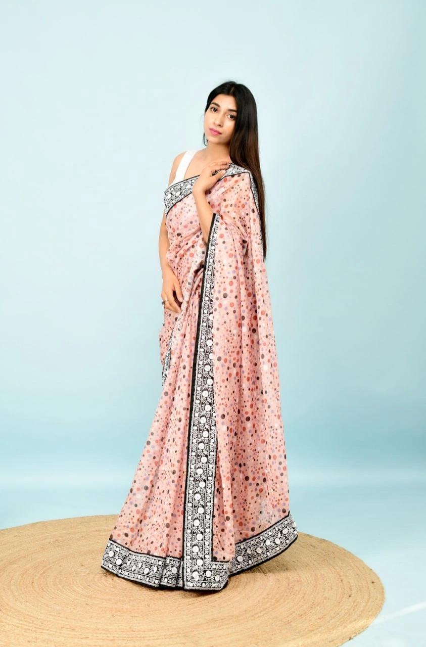 Georgette Saree with Dot Print, Sequence Lace Border, and Satin Bangalori Blouse-RVSG-DOT-DOT-Peach