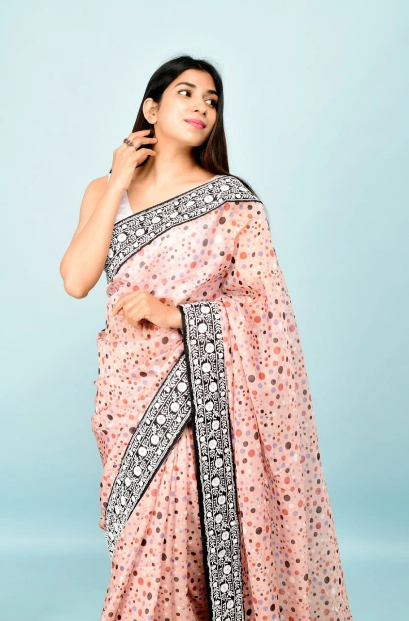 Georgette Saree with Dot Print, Sequence Lace Border, and Satin Bangalori Blouse-Peach-1