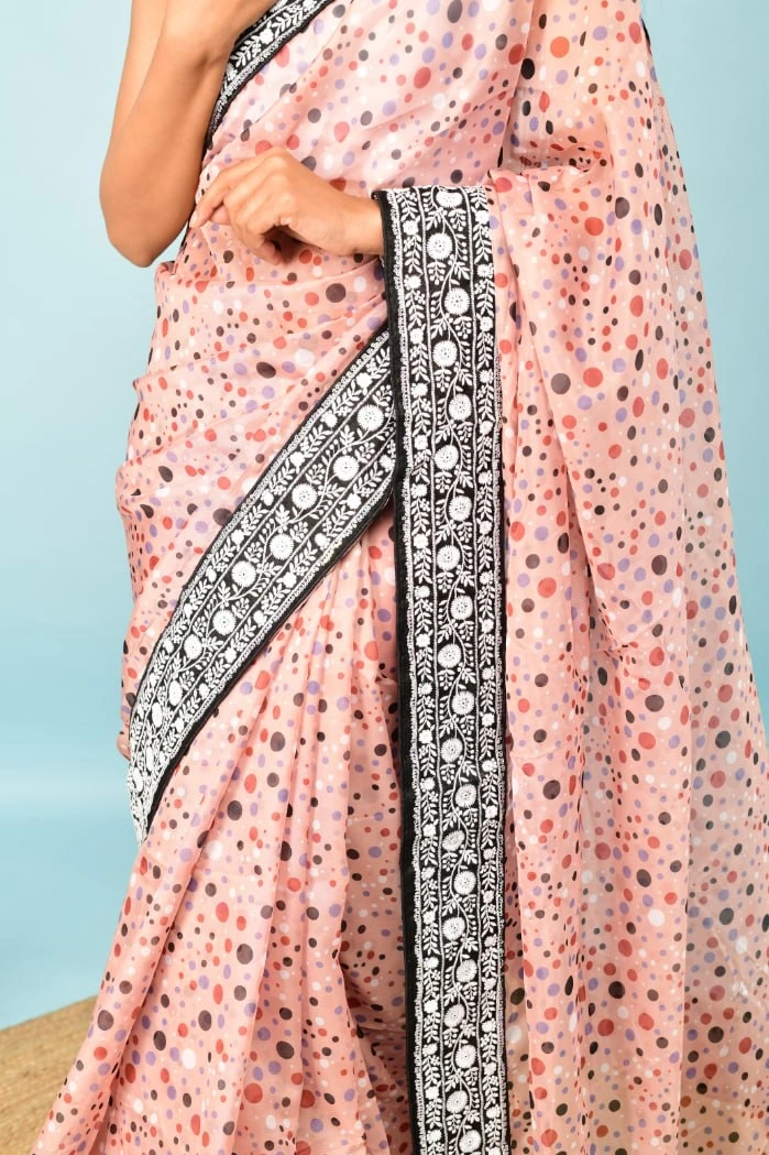 Georgette Saree with Dot Print, Sequence Lace Border, and Satin Bangalori Blouse-Peach-2