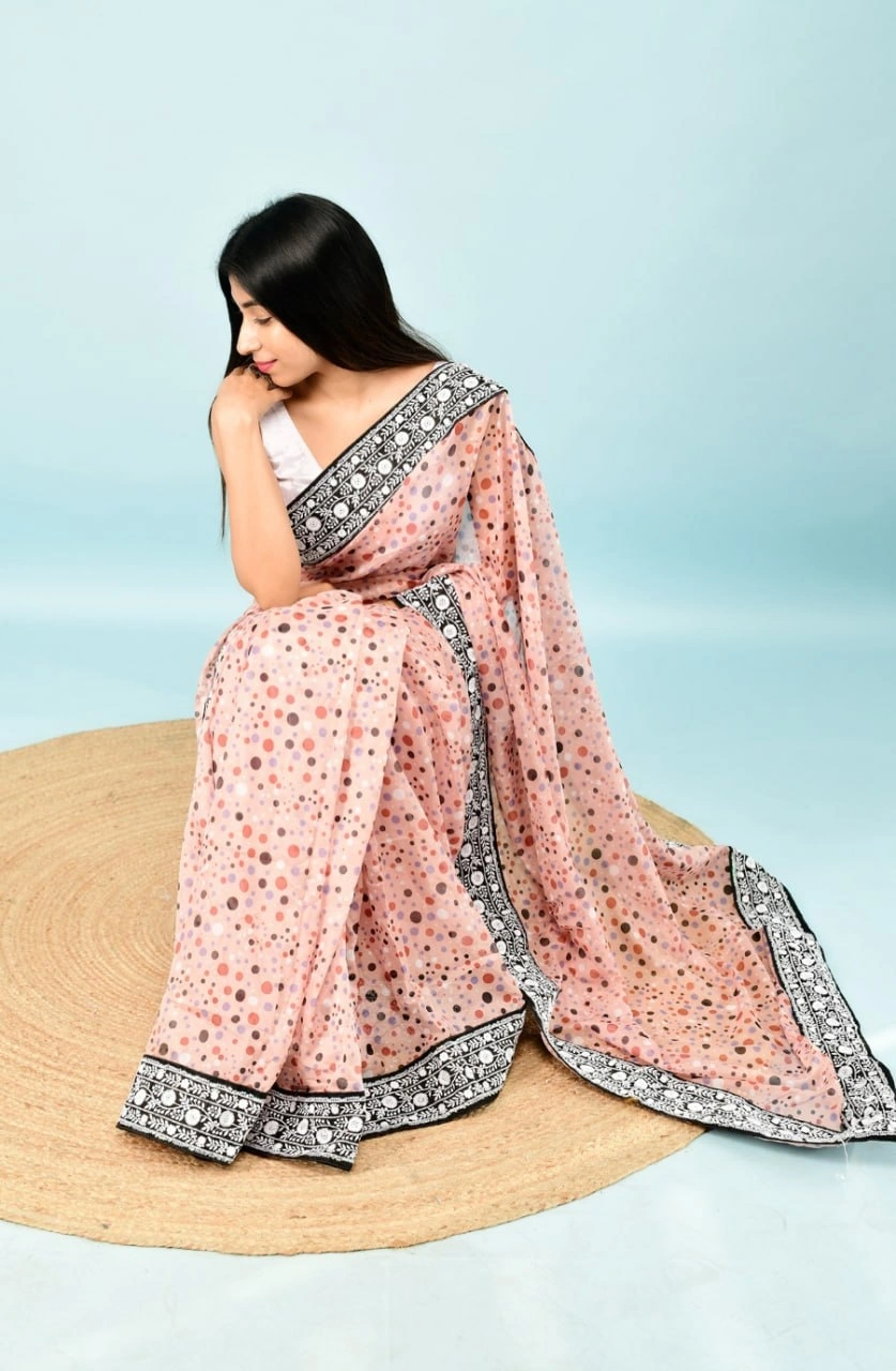 Georgette Saree with Dot Print, Sequence Lace Border, and Satin Bangalori Blouse-Peach-3