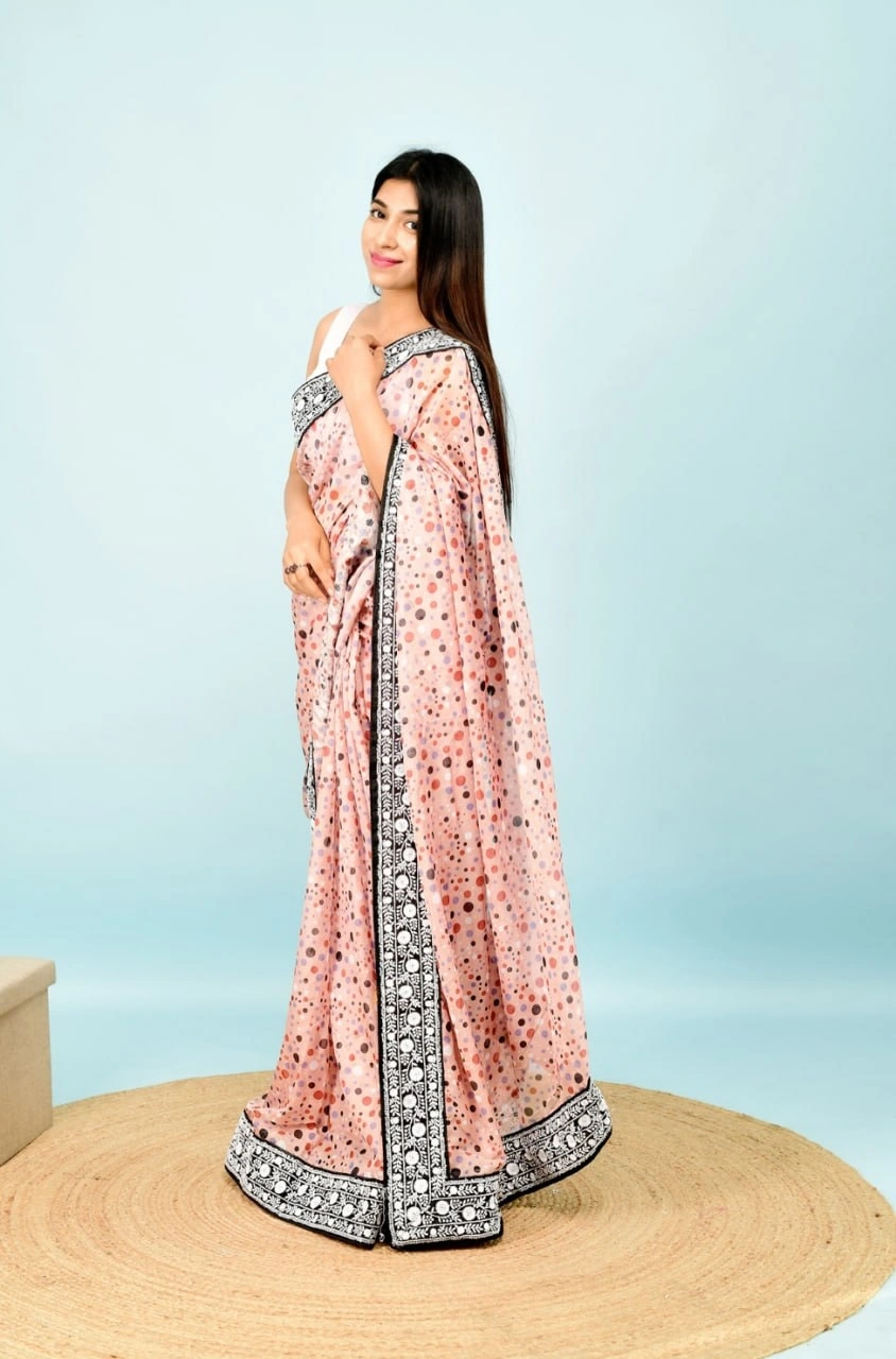 Georgette Saree with Dot Print, Sequence Lace Border, and Satin Bangalori Blouse-Peach-4