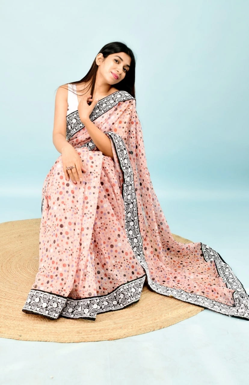 Georgette Saree with Dot Print, Sequence Lace Border, and Satin Bangalori Blouse-Peach-5