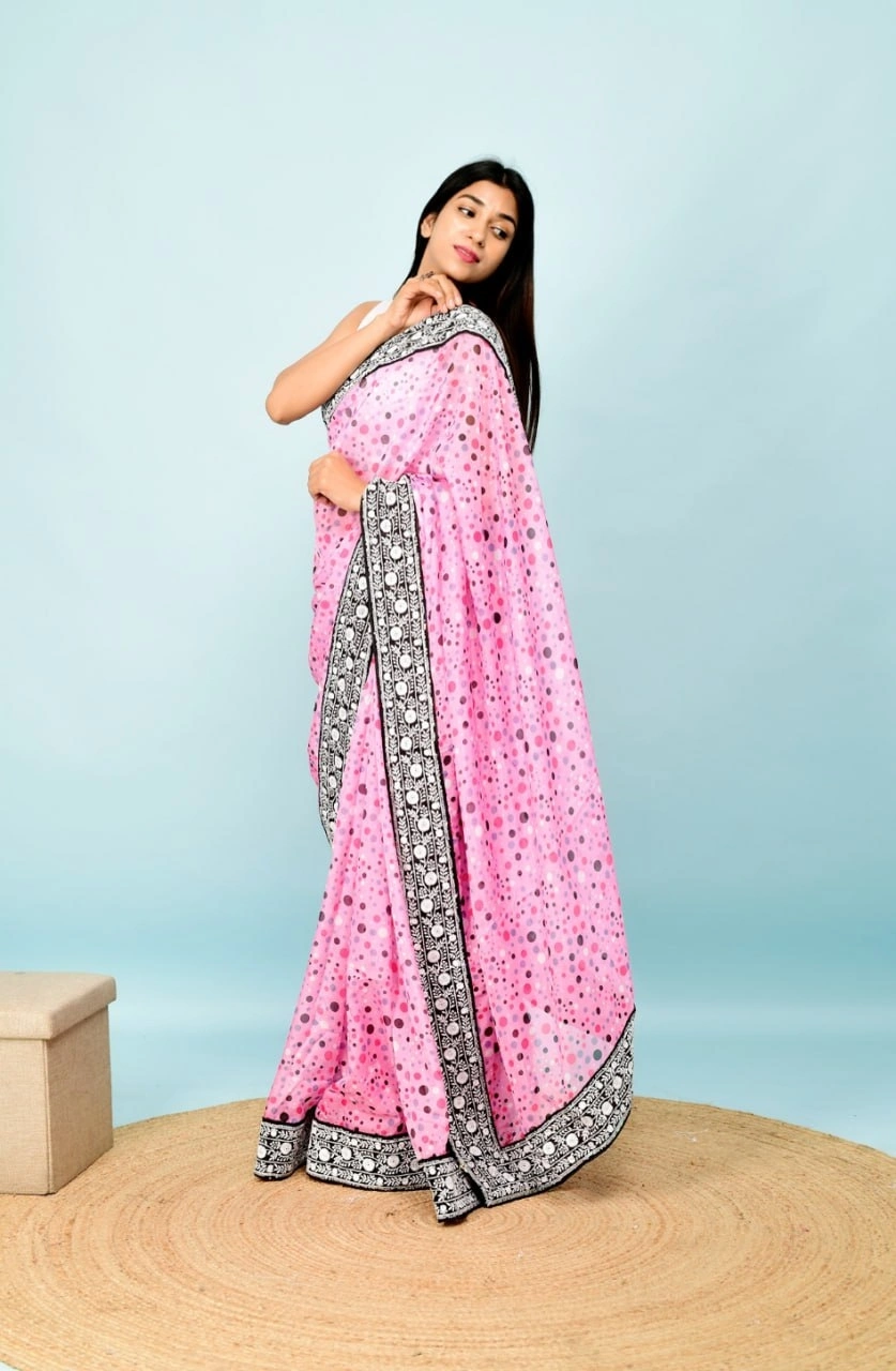 Georgette Saree with Dot Print, Sequence Lace Border, and Satin Bangalori Blouse-RVSG-DOT-DOT-Pink