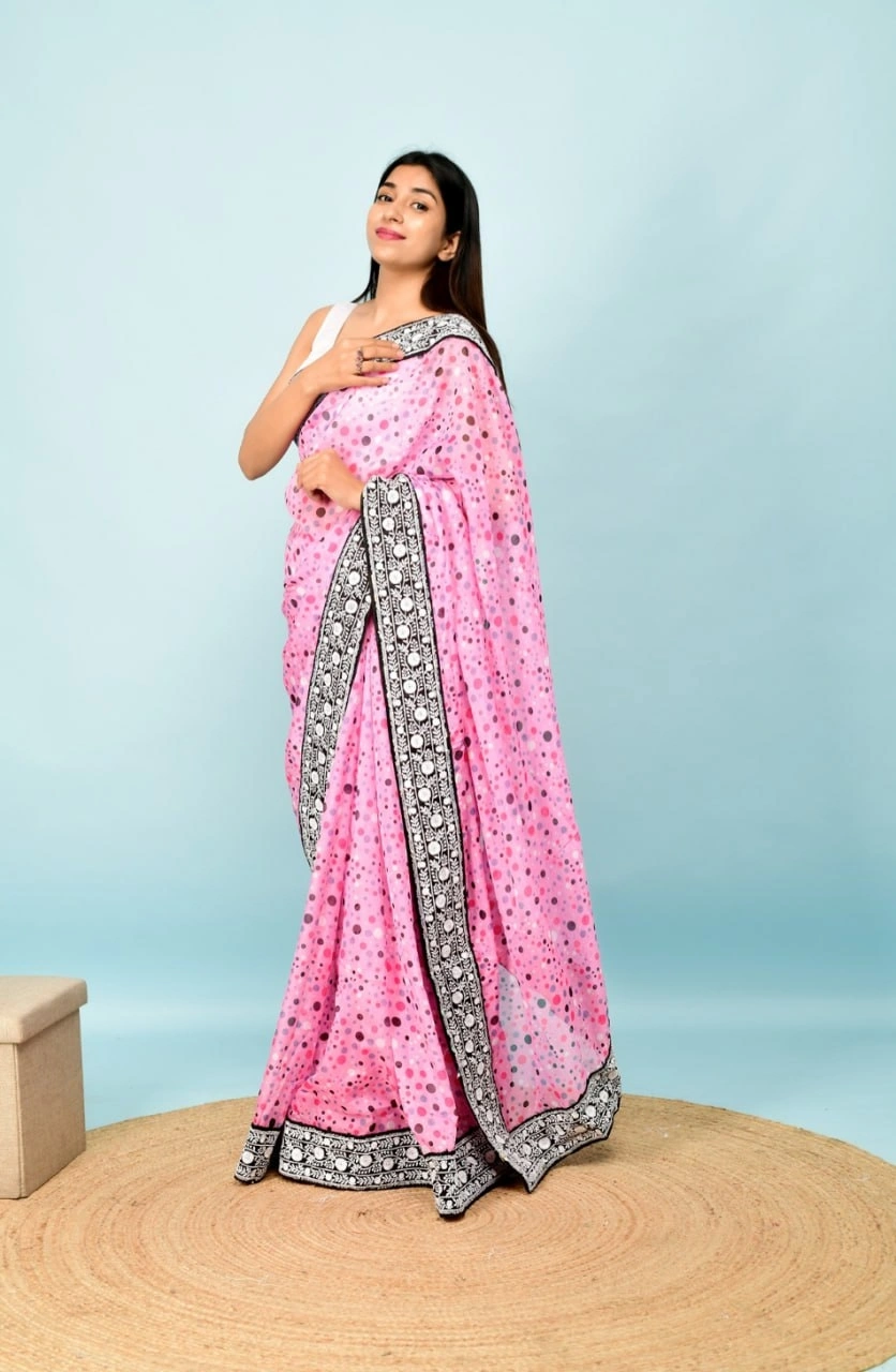 Georgette Saree with Dot Print, Sequence Lace Border, and Satin Bangalori Blouse-Pink-1