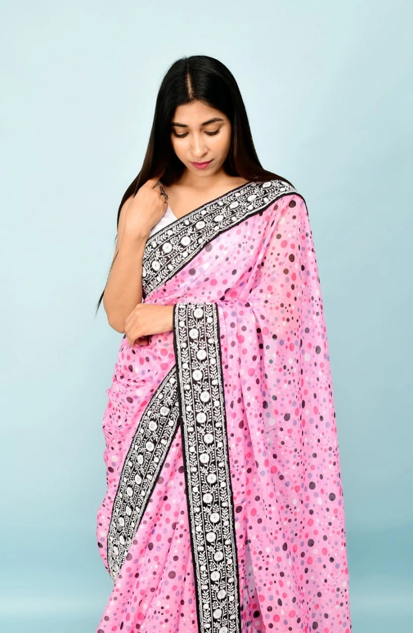 Georgette Saree with Dot Print, Sequence Lace Border, and Satin Bangalori Blouse-Pink-2