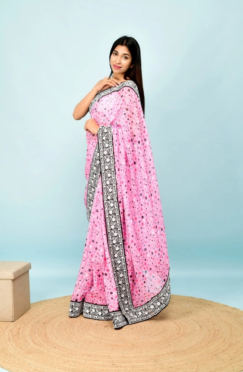 Georgette Saree with Dot Print, Sequence Lace Border, and Satin Bangalori Blouse-Pink-3