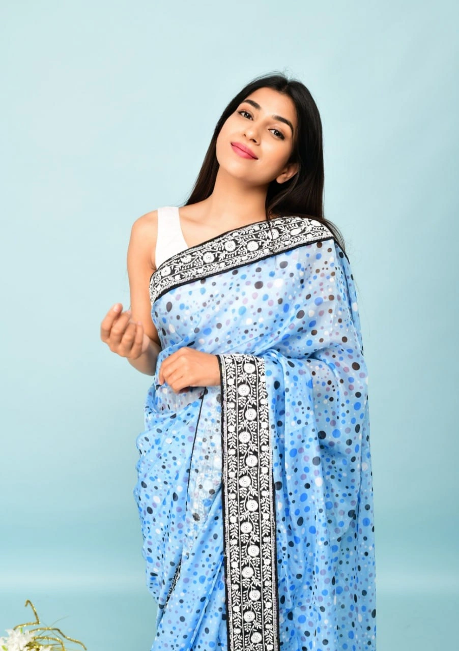 Georgette Saree with Dot Print, Sequence Lace Border, and Satin Bangalori Blouse-RVSG-DOT-DOT-SkyBlue