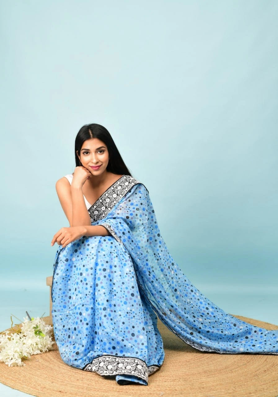 Georgette Saree with Dot Print, Sequence Lace Border, and Satin Bangalori Blouse-Sky Blue-2