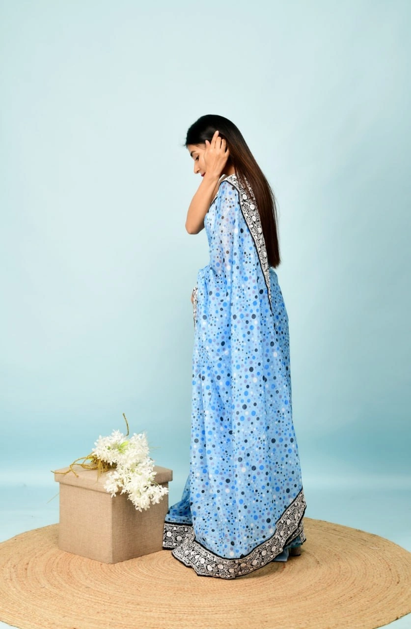 Georgette Saree with Dot Print, Sequence Lace Border, and Satin Bangalori Blouse-Sky Blue-3