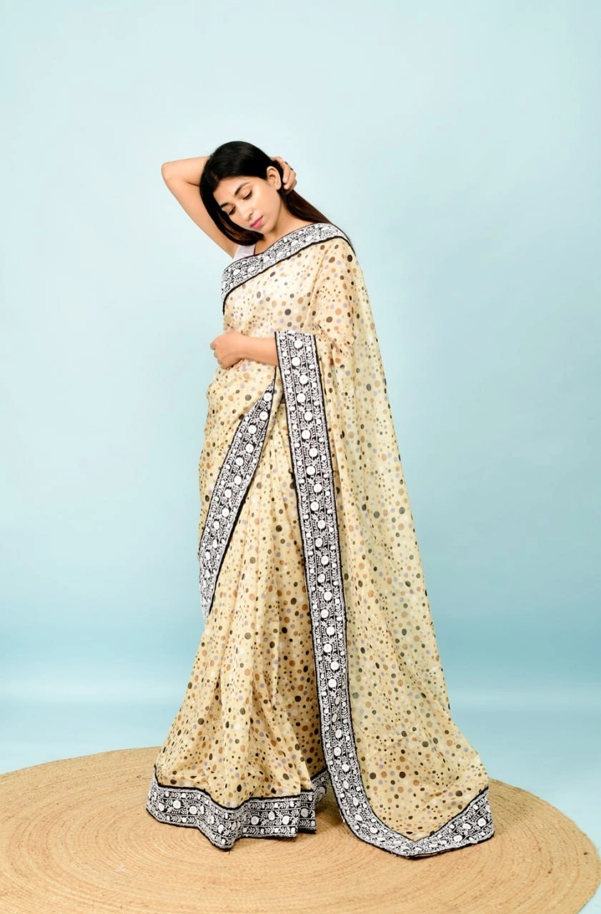 Georgette Saree with Dot Print, Sequence Lace Border, and Satin Bangalori Blouse-RVSG-DOT-DOT-Green