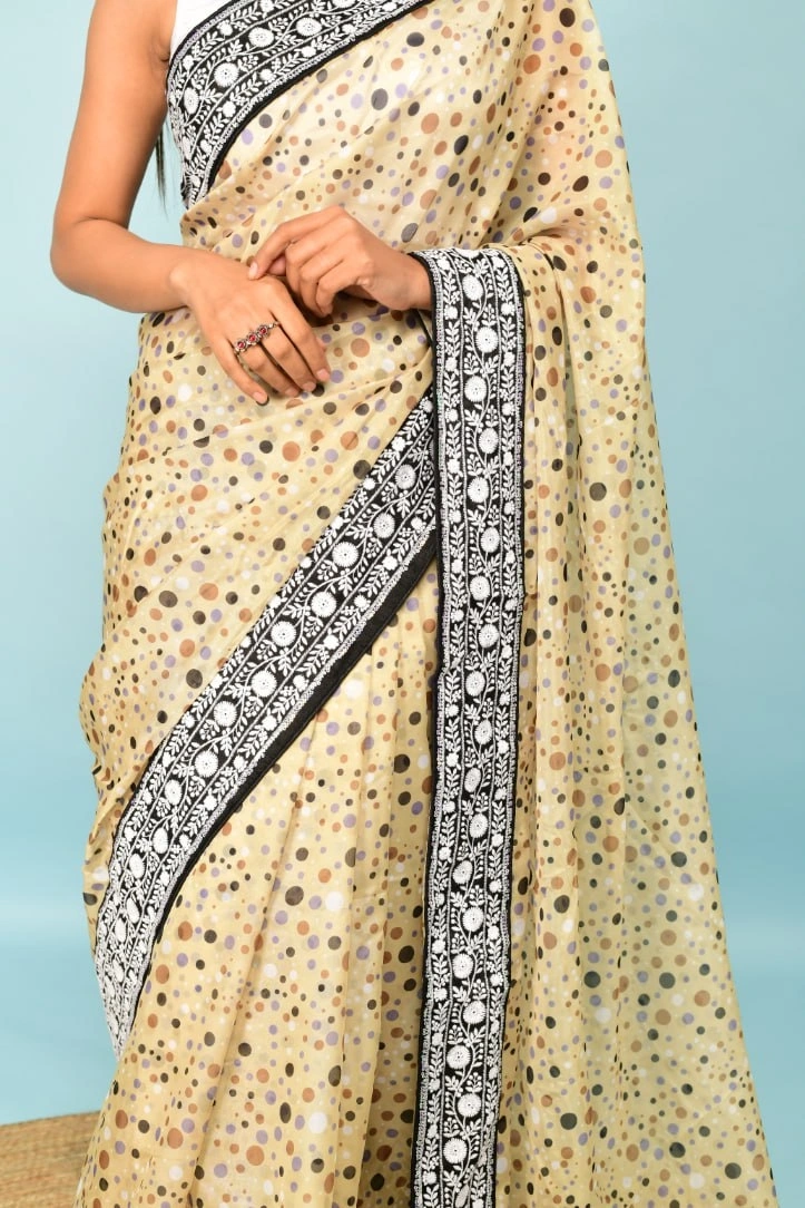 Georgette Saree with Dot Print, Sequence Lace Border, and Satin Bangalori Blouse-Green-3