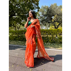 Organza Handwork Floral Digital Print Saree with Maroon Lace Border Blouse