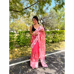 Organza Silk Saree: Exquisite Viscose Threadwork with Chikankari Border
