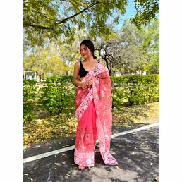 Organza Silk Saree: Exquisite Viscose Threadwork with Chikankari Border