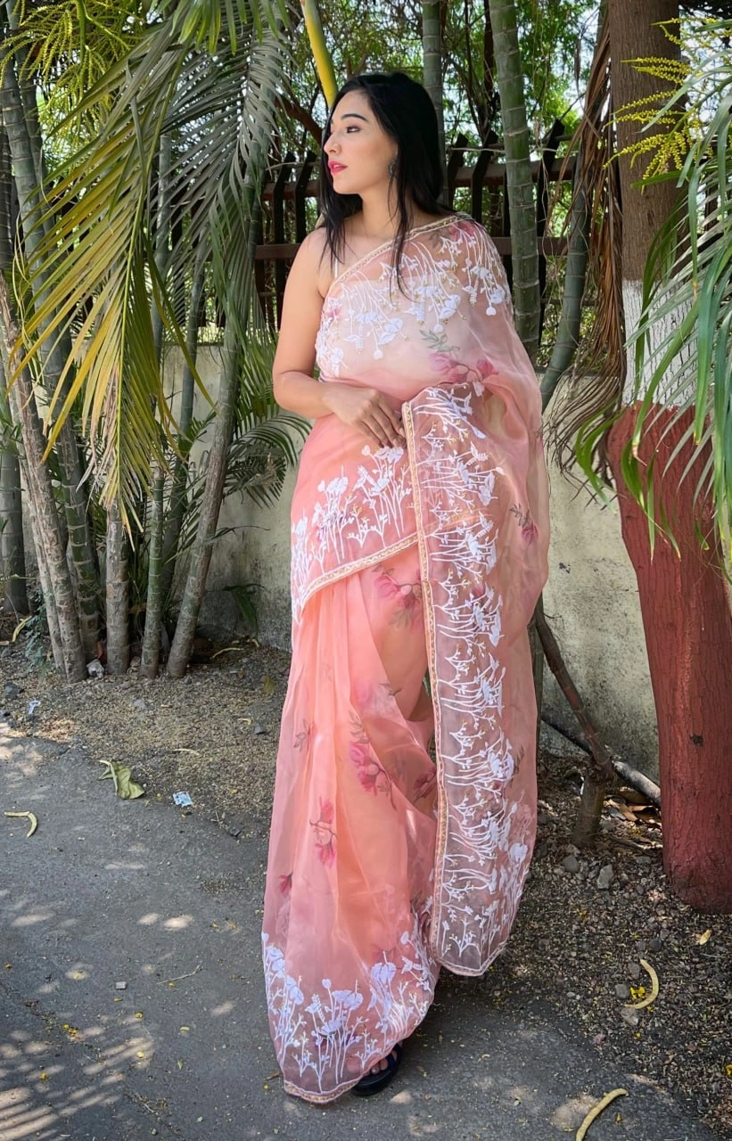 Organza Saree with Embroidery and Piping Details-RVSG-GARDENZARI-Peach