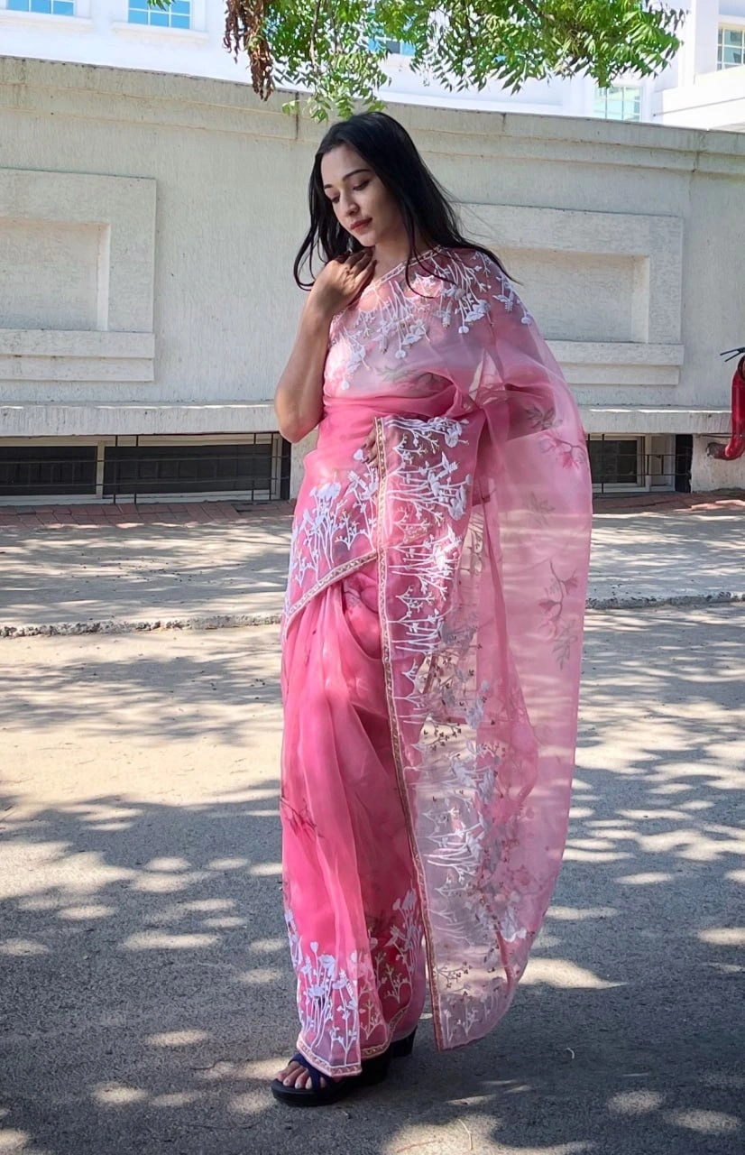 Organza Saree with Embroidery and Piping Details-RVSG-GARDENZARI-Pink