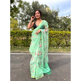 YNF Flower Embroidered Organza Saree with Tassel Pallu & Handwork Border