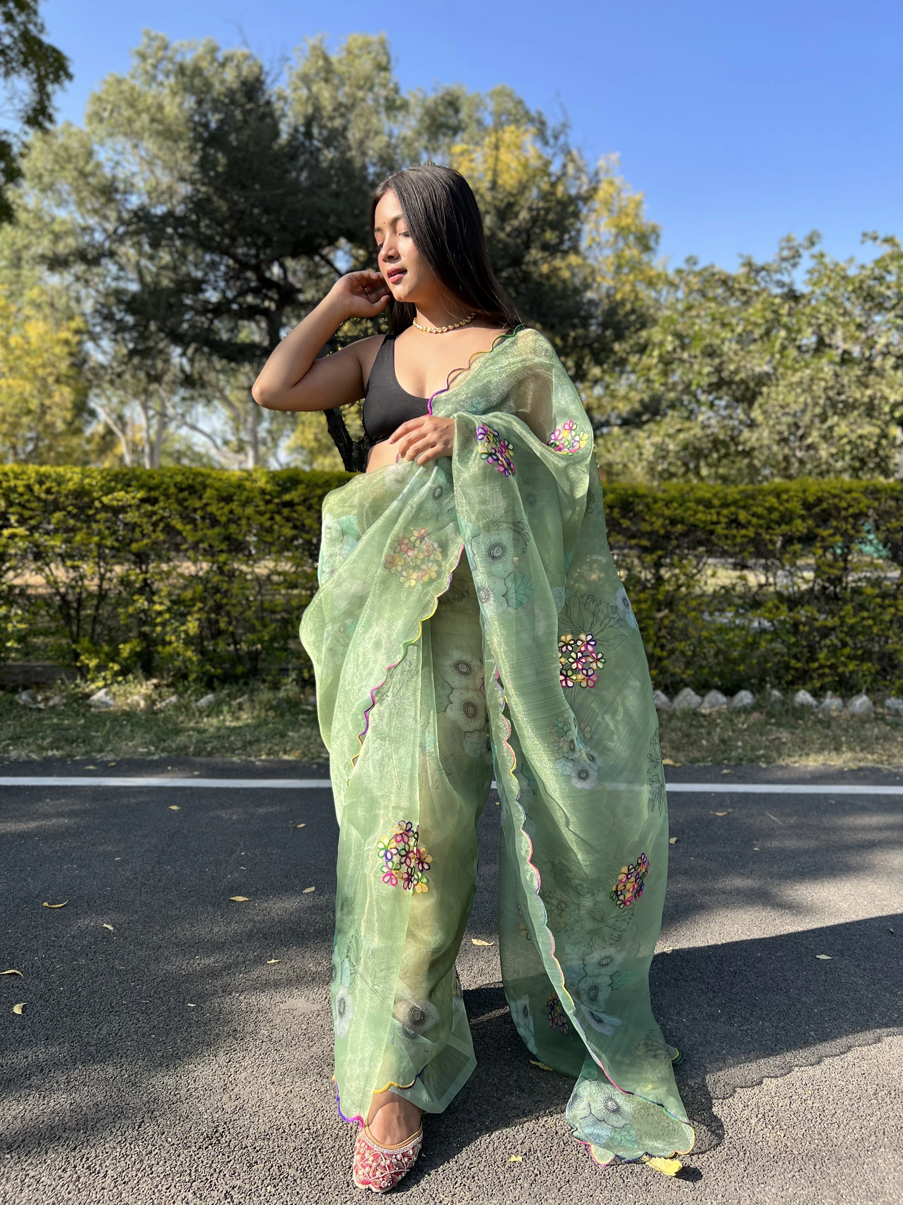 Floral and Gota Work Organza Saree with Satin Blouse-RVSGGOTTAPATTI-Green