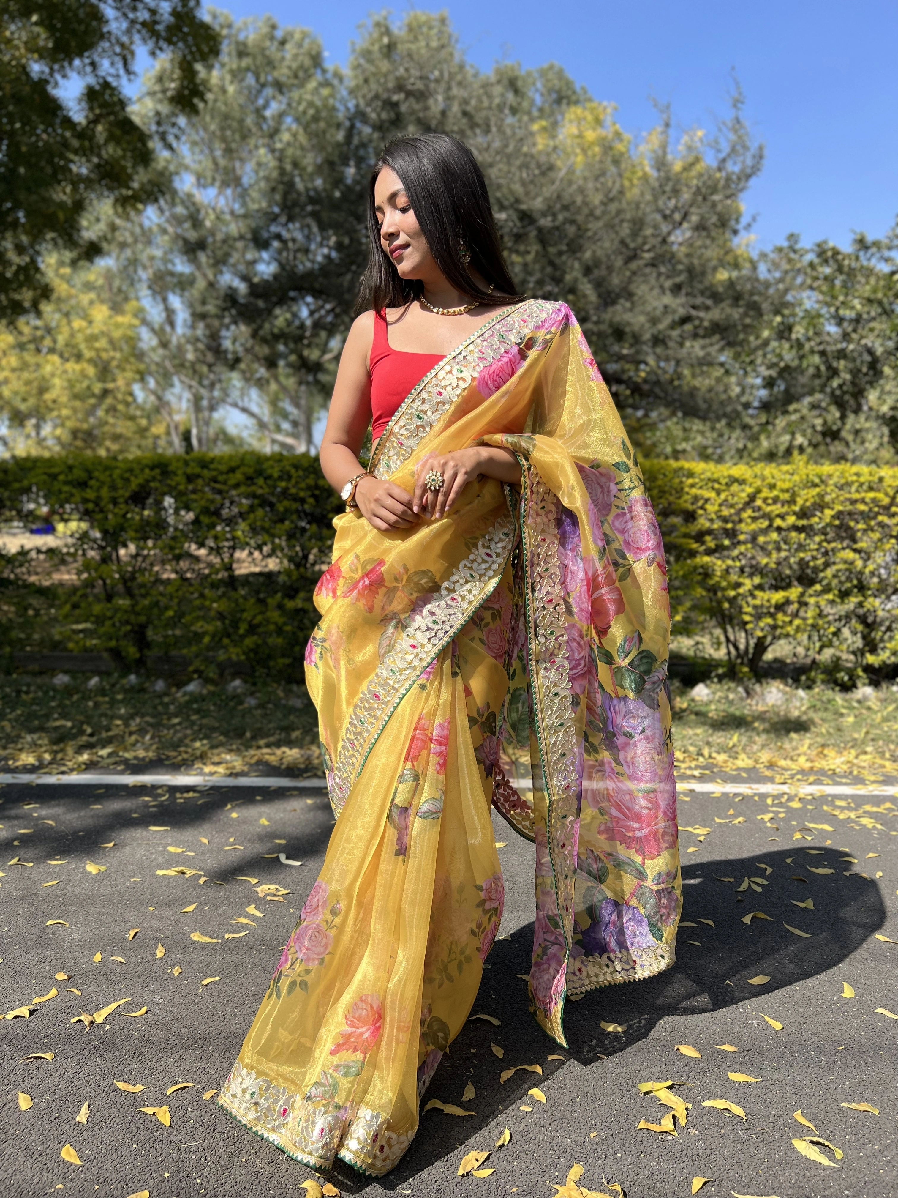 Floral and Gota Work Organza Saree with Satin Blouse-RVSGGOTTAPATTI-Yellow