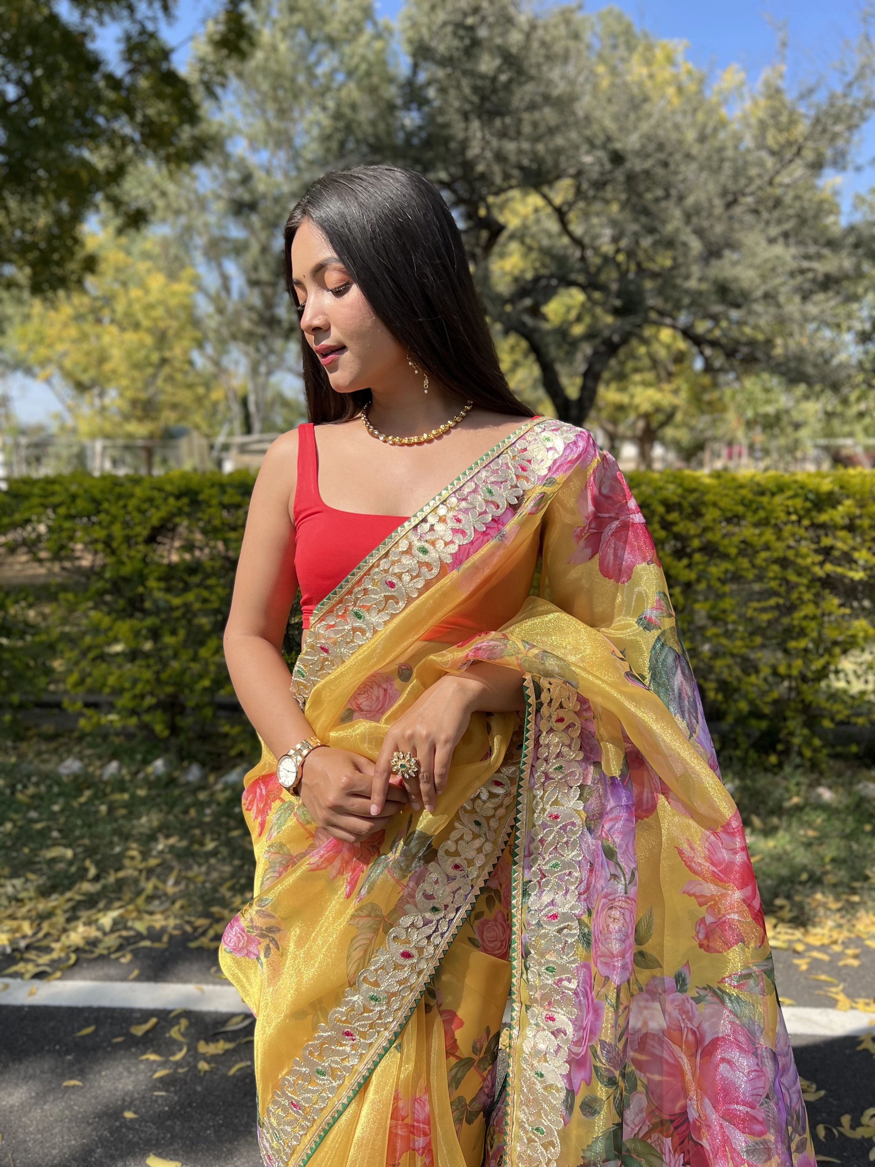 Floral and Gota Work Organza Saree with Satin Blouse-Yellow-1