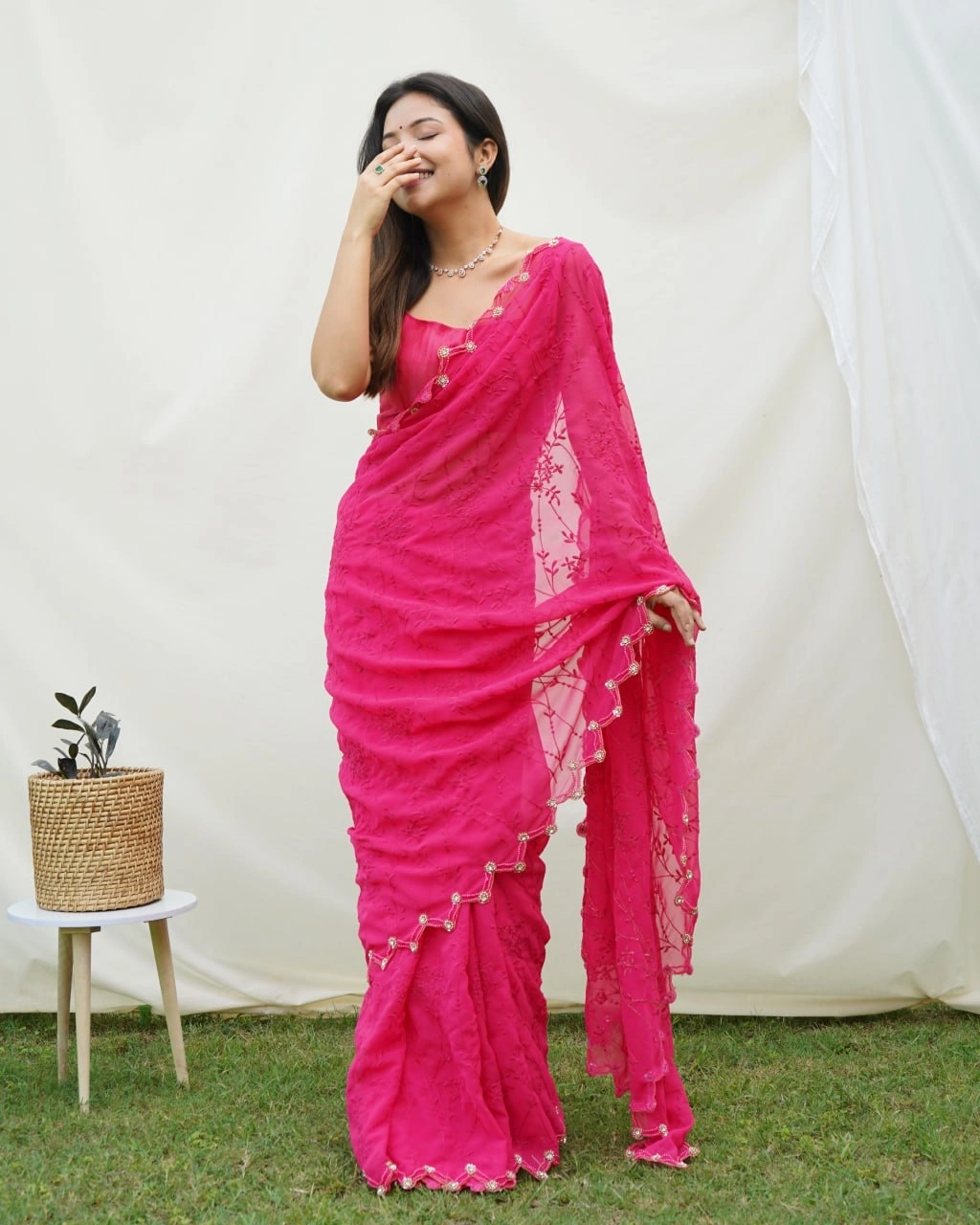 Chikankari Embroidered Pure Georgette Designer Dress-Pink-1