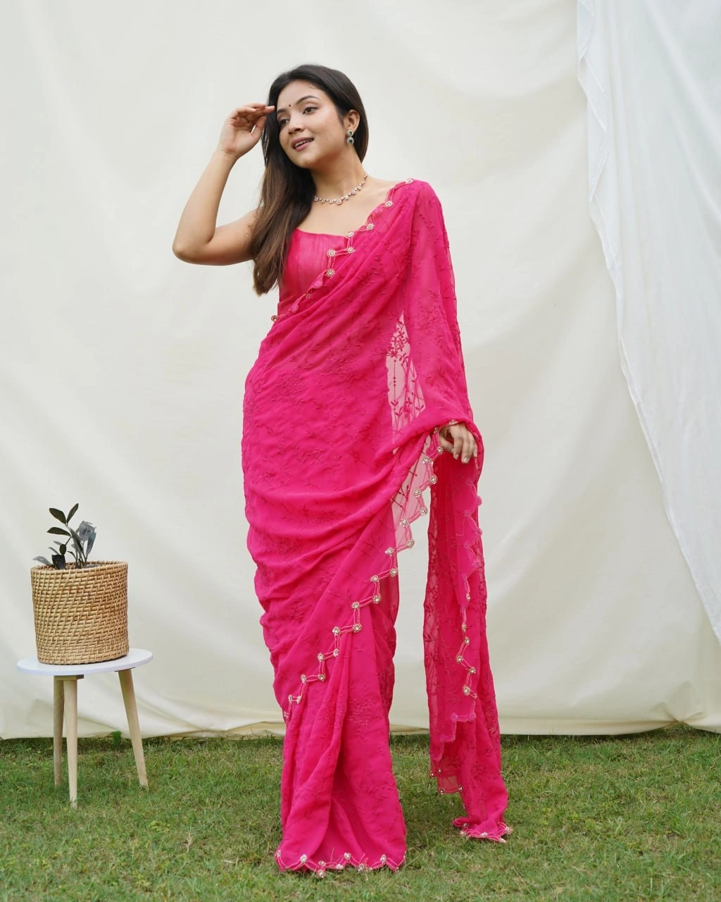 Chikankari Embroidered Pure Georgette Designer Dress-Pink-2