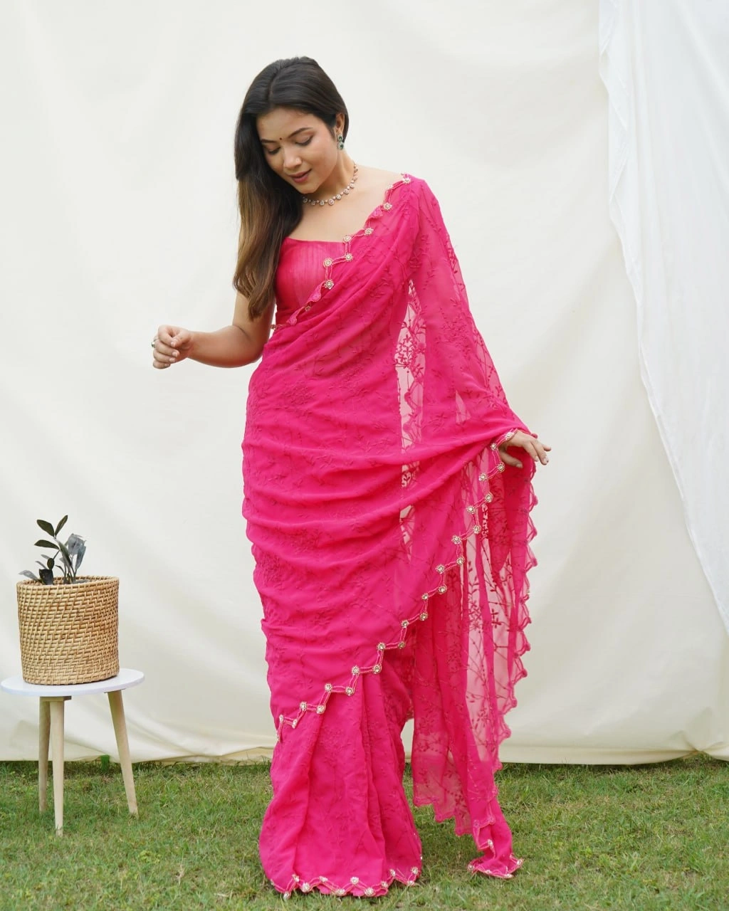 Chikankari Embroidered Pure Georgette Designer Dress-Pink-5