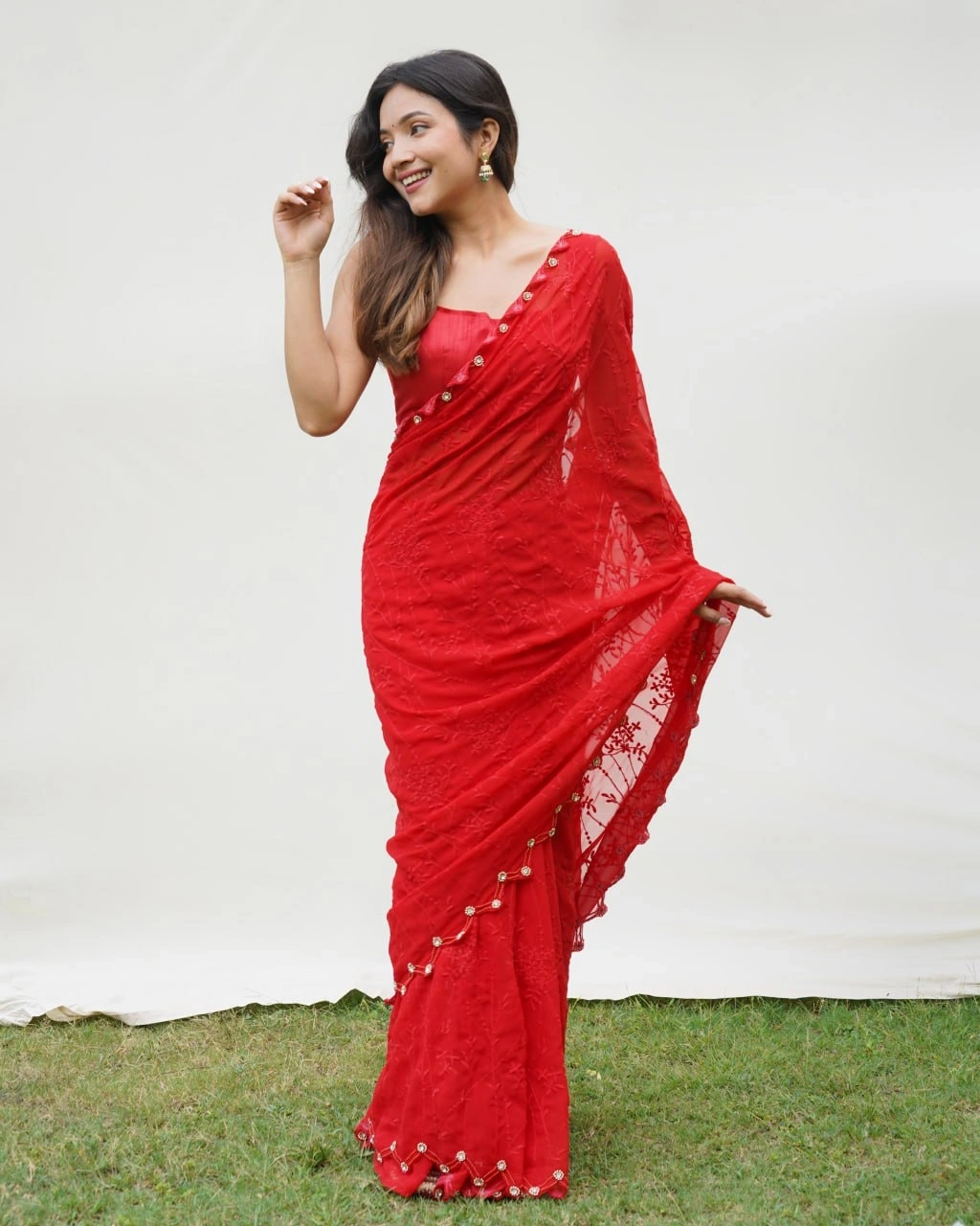 Chikankari Embroidered Pure Georgette Designer Dress-Red-1