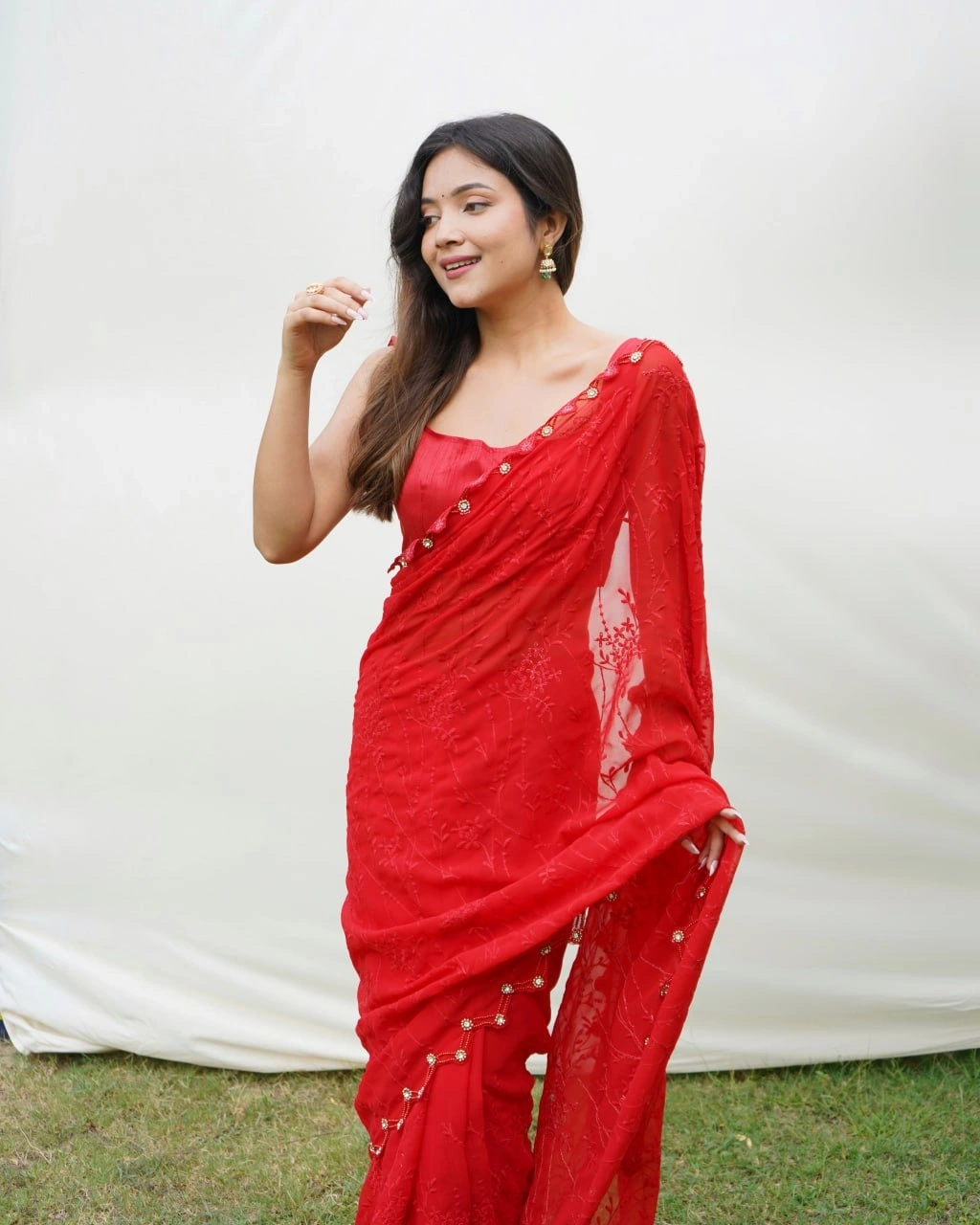 Chikankari Embroidered Pure Georgette Designer Dress-Red-2