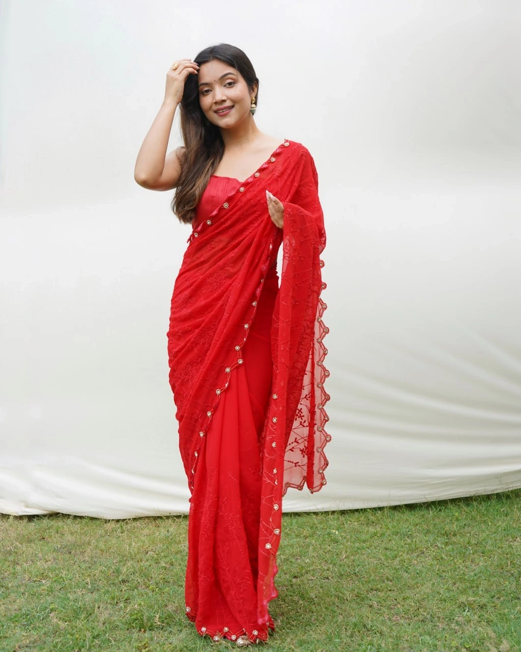 Chikankari Embroidered Pure Georgette Designer Dress-Red-3