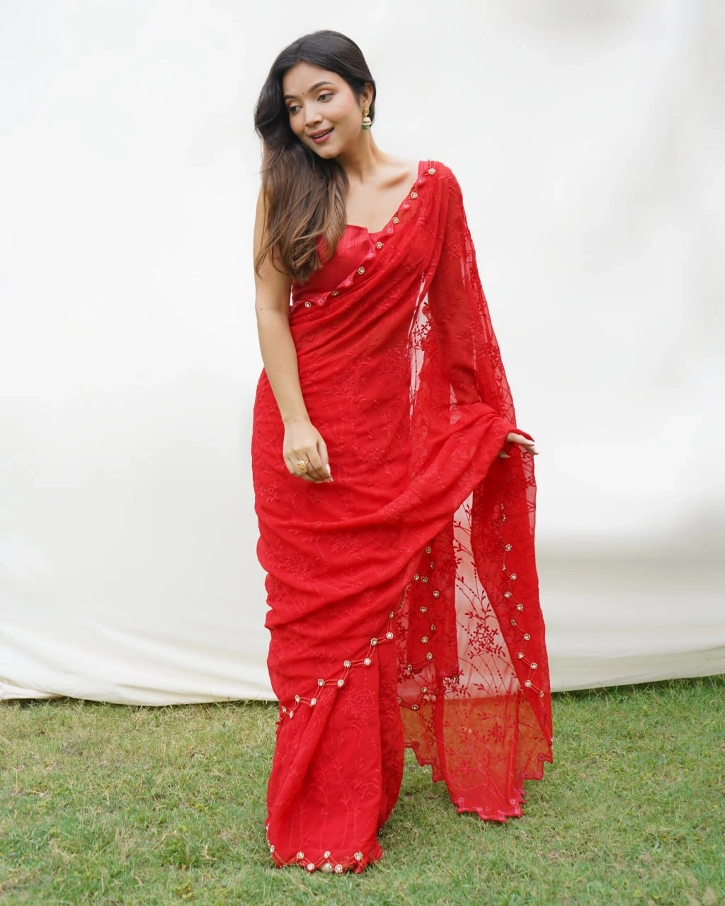 Chikankari Embroidered Pure Georgette Designer Dress-Red-4