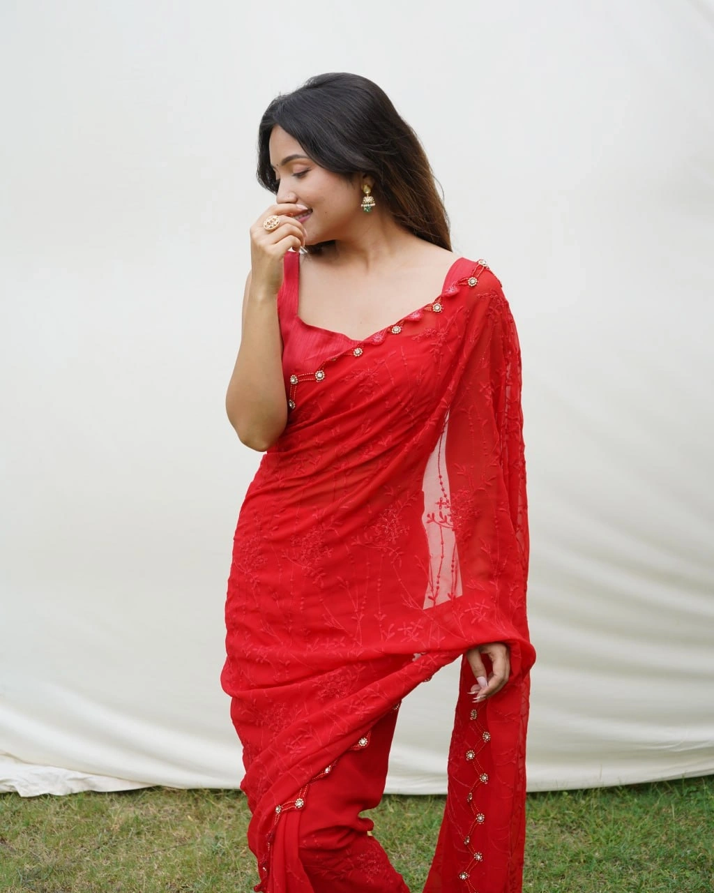 Chikankari Embroidered Pure Georgette Designer Dress-Red-5