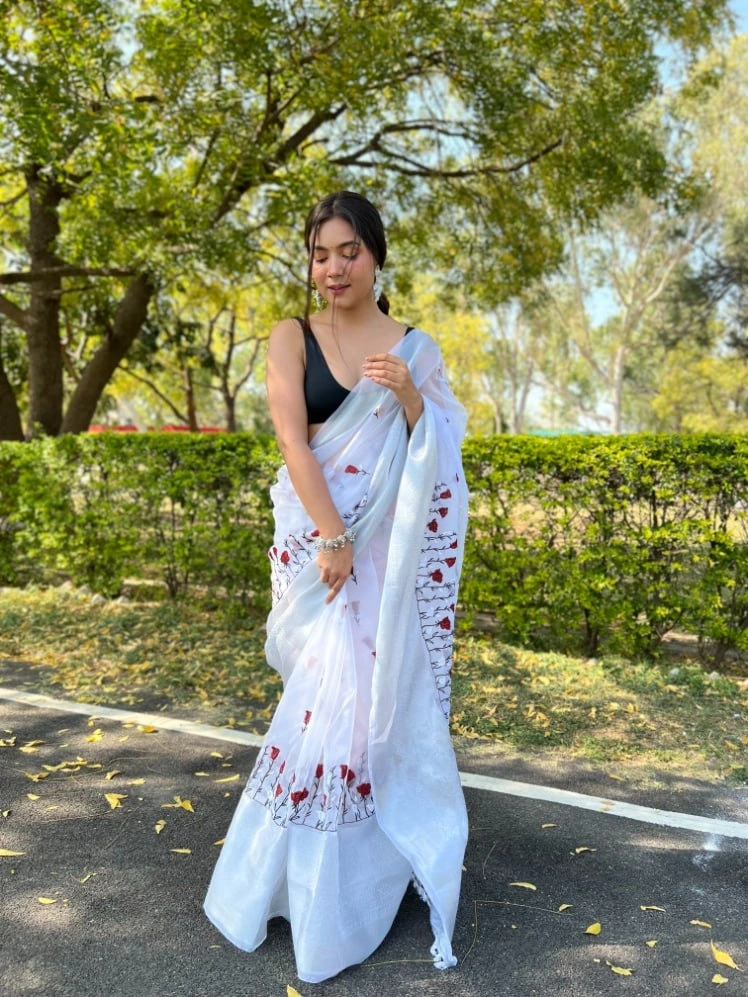 Black Organza Saree with Embroidery and Tassels-White-1