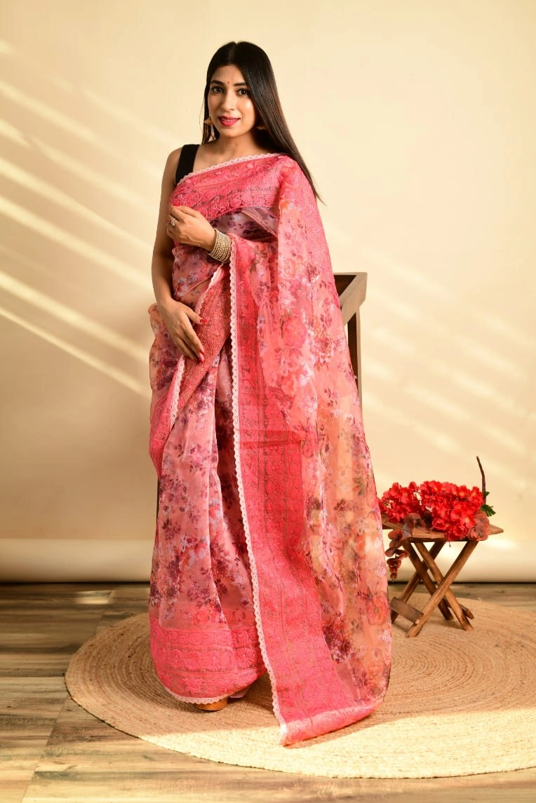 Kashmiri Thread Work Organza Saree with Satin Blouse-RVSG-GUNJAN-Gajri